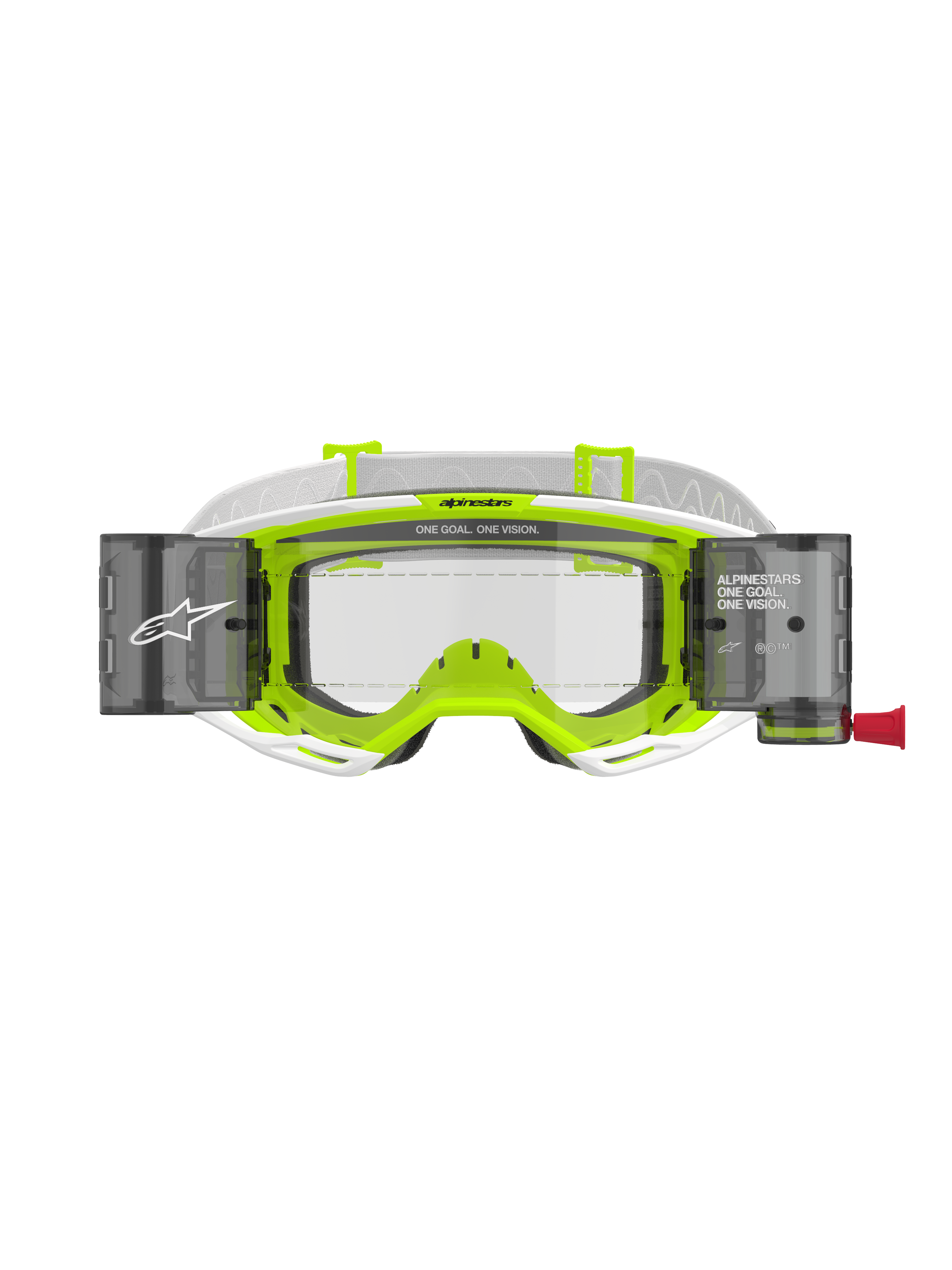 Alpinestars Vision 8 Wordmark Roll-Off crossbril, wit en fluorgeel frame, heldere lens met geïntegreerde roll-off canisters, witte geweven band, voorzien van 'ONE GOAL. ONE VISION.' branding, professionele motorcross oogbescherming