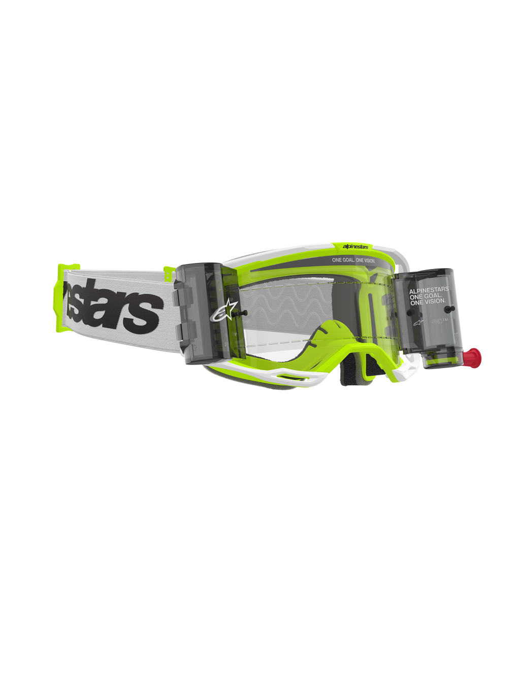 Alpinestars Vision 8 Wordmark Goggles Roll Off, motorcrossbril, wit en fluorescerend geel frame, heldere lens met geïntegreerde roll-off canisters, witte geweven band met opvallende zwarte branding, hoogwaardige off-road bril