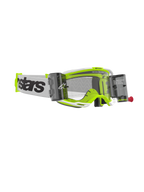 Alpinestars Vision 8 Wordmark Goggles Roll Off, motorcrossbril, wit en fluorescerend geel frame, heldere lens met geïntegreerde roll-off canisters, witte geweven band met opvallende zwarte branding, hoogwaardige off-road bril