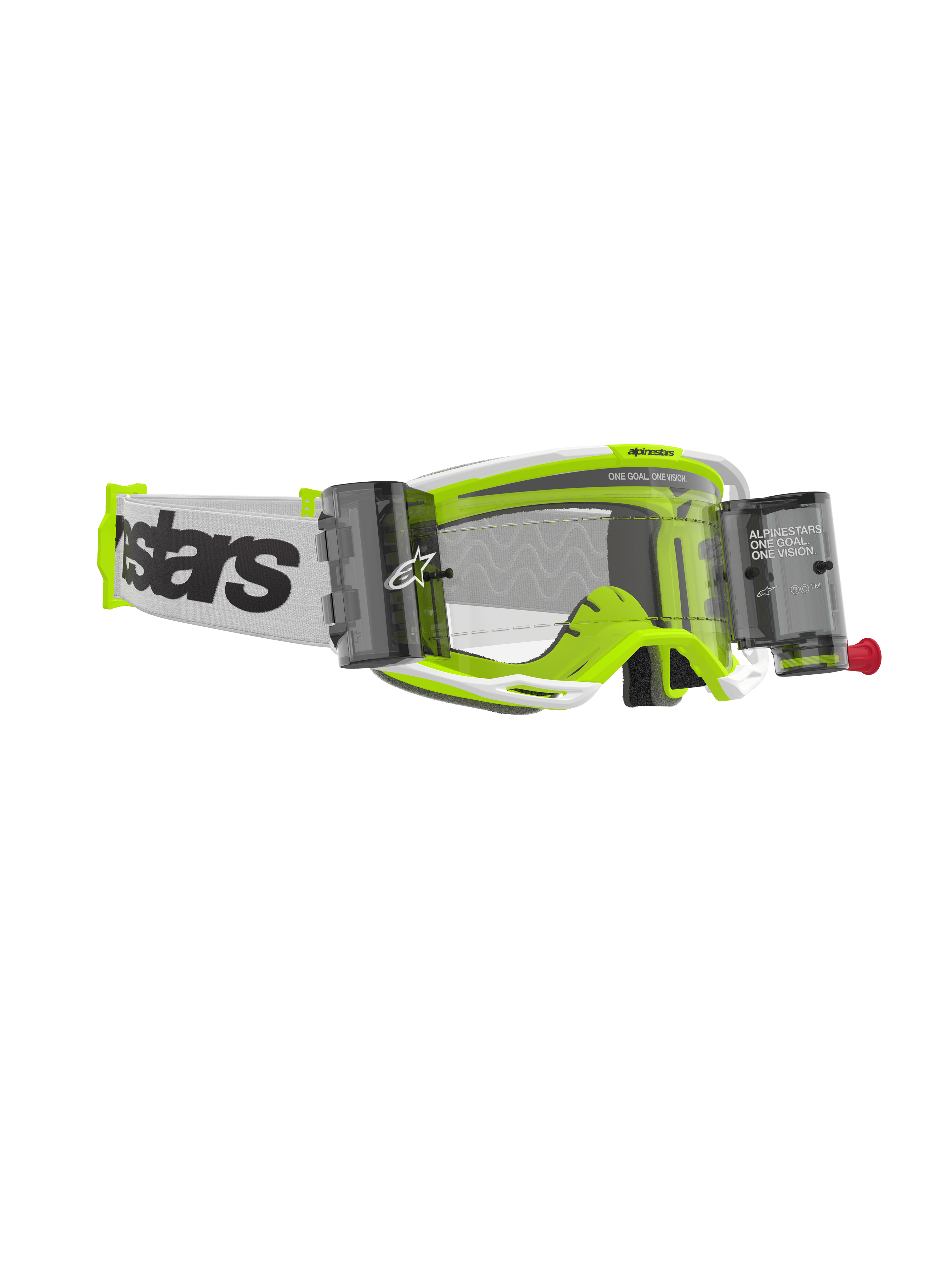 Alpinestars Vision 8 Wordmark Goggles Roll Off, motorcrossbril, wit en fluorescerend geel frame, heldere lens met geïntegreerde roll-off canisters, witte geweven band met opvallende zwarte branding, hoogwaardige off-road bril