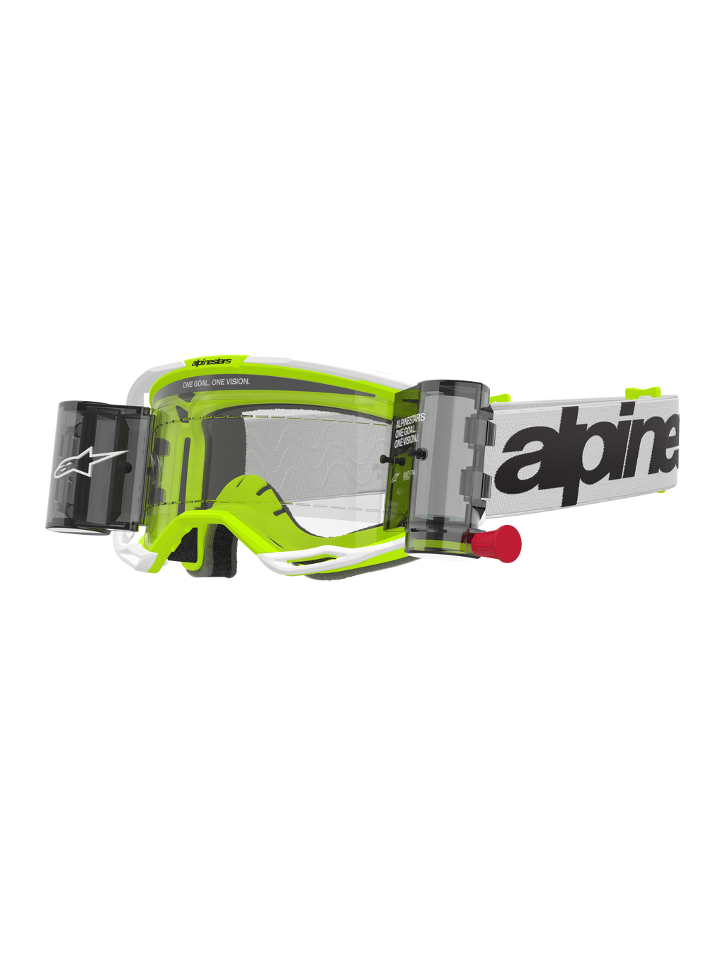 Alpinestars Vision 8 Wordmark Roll Off crossbril, motorcrossbril, wit en fluorescerend geel, transparante lens met roll-off systeem, witte band met zwart Alpinestars-woordmerk, rood treklipje, professionele off-road race-oogbescherming