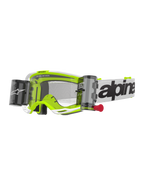 Alpinestars Vision 8 Wordmark Roll Off crossbril, motorcrossbril, wit en fluorescerend geel, transparante lens met roll-off systeem, witte band met zwart Alpinestars-woordmerk, rood treklipje, professionele off-road race-oogbescherming