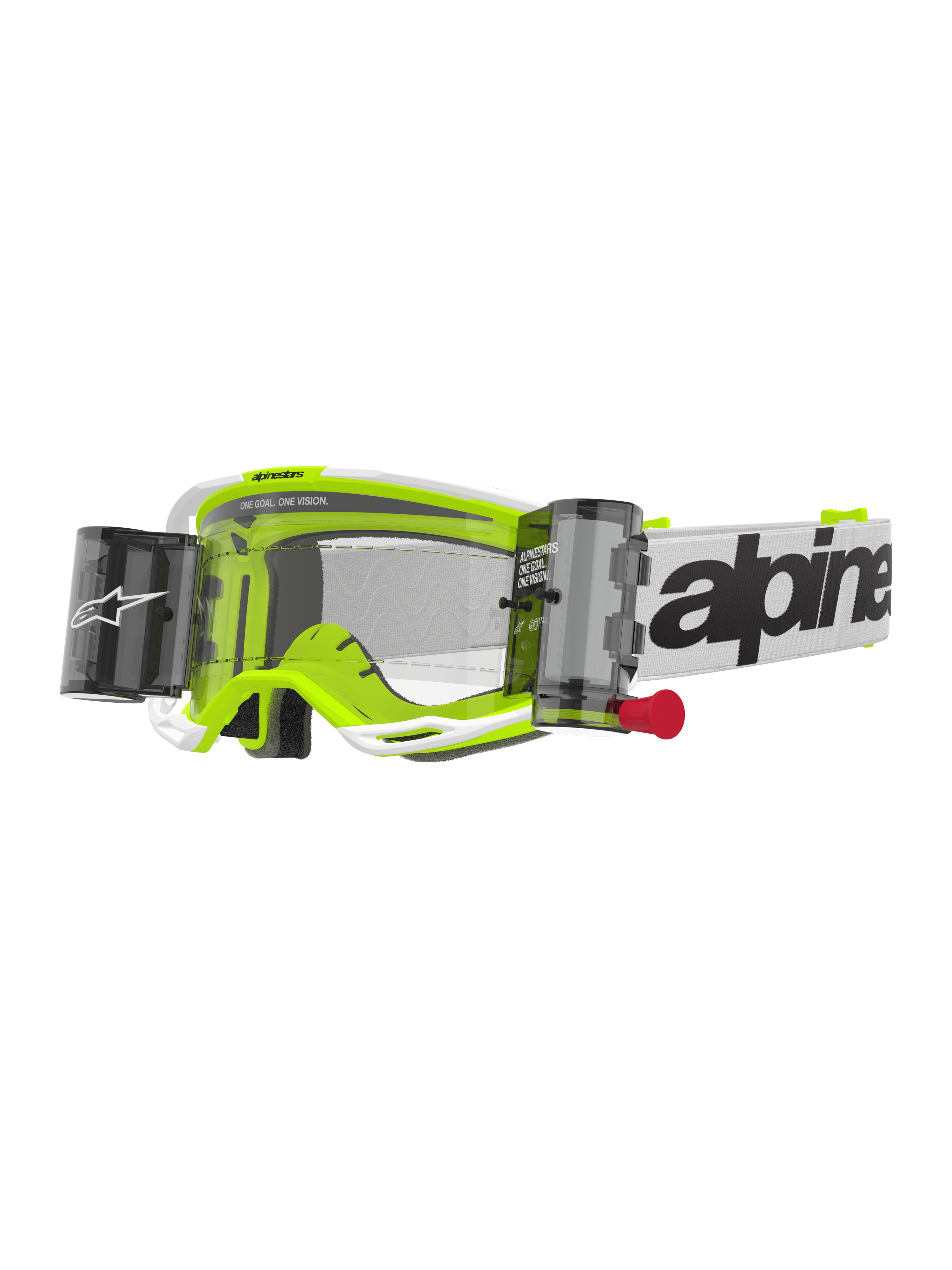 Alpinestars Vision 8 Wordmark Roll Off crossbril, motorcrossbril, wit en fluorescerend geel, transparante lens met roll-off systeem, witte band met zwart Alpinestars-woordmerk, rood treklipje, professionele off-road race-oogbescherming