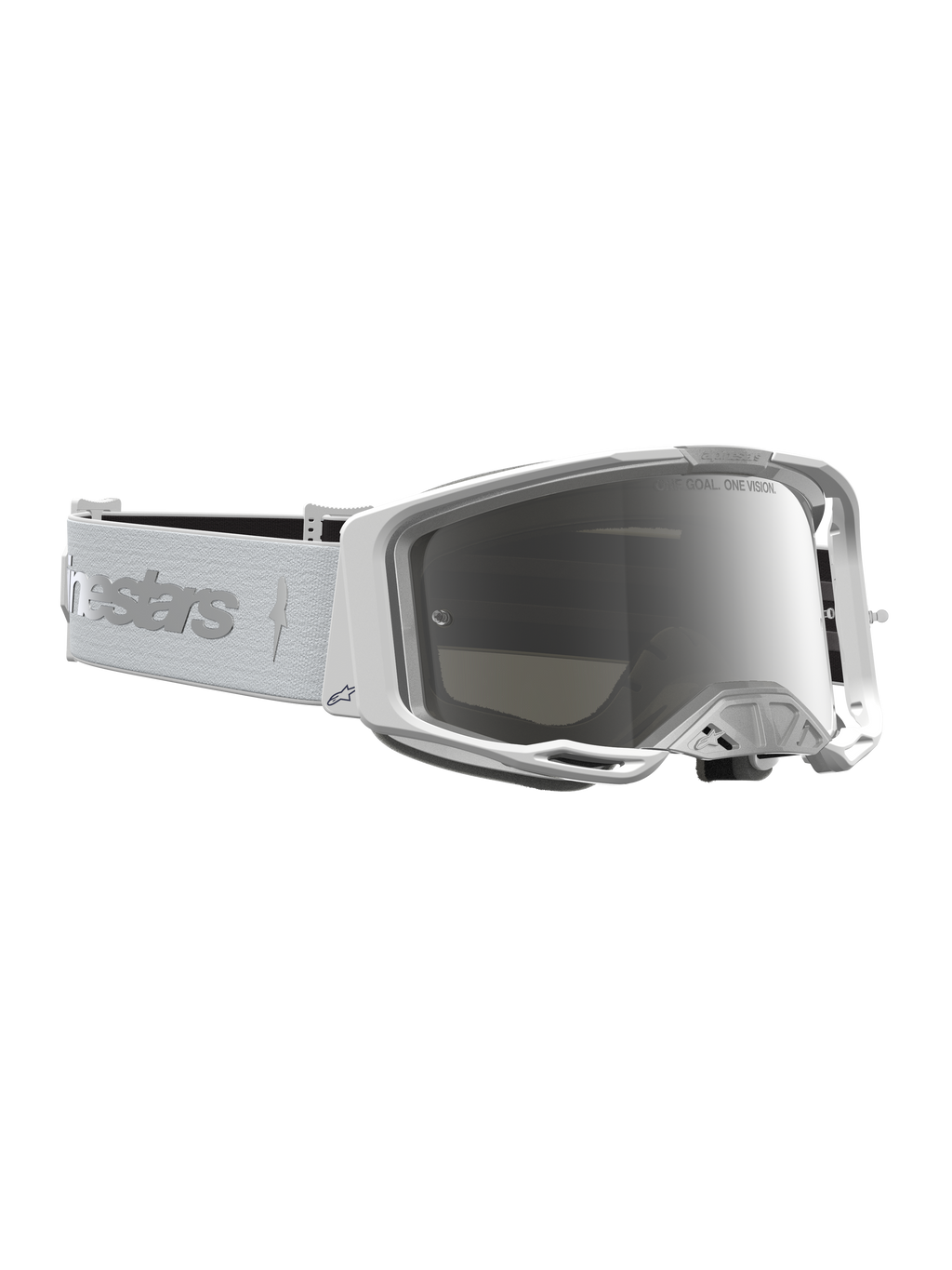 Alpinestars Vision 8 Amber motorcrossbril, wit met zilveren spiegellens, lichtgewicht A-FLEX frame en breed gezichtsveld.