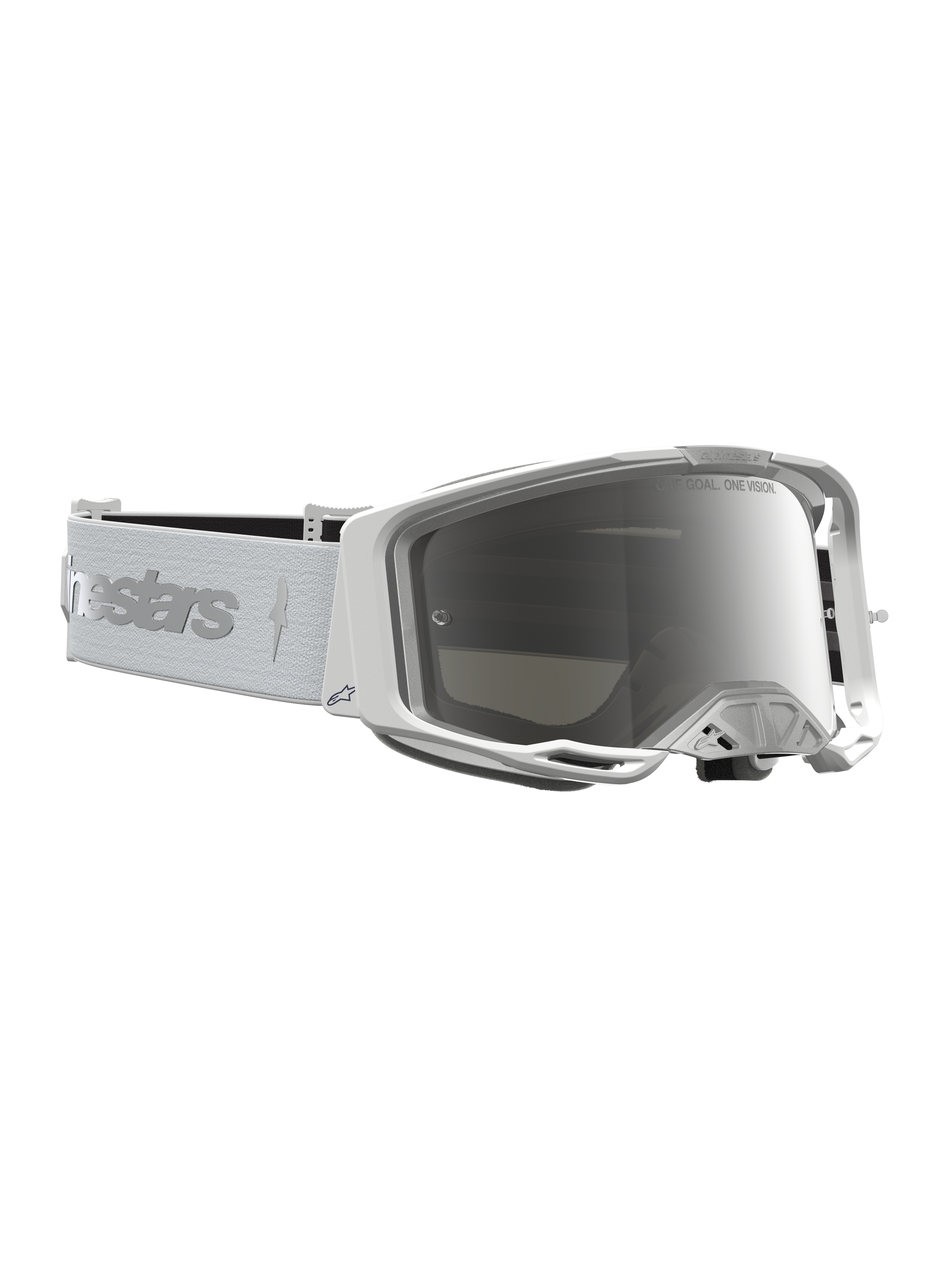 Alpinestars Vision 8 Amber motorcrossbril, wit met zilveren spiegellens, lichtgewicht A-FLEX frame en breed gezichtsveld.