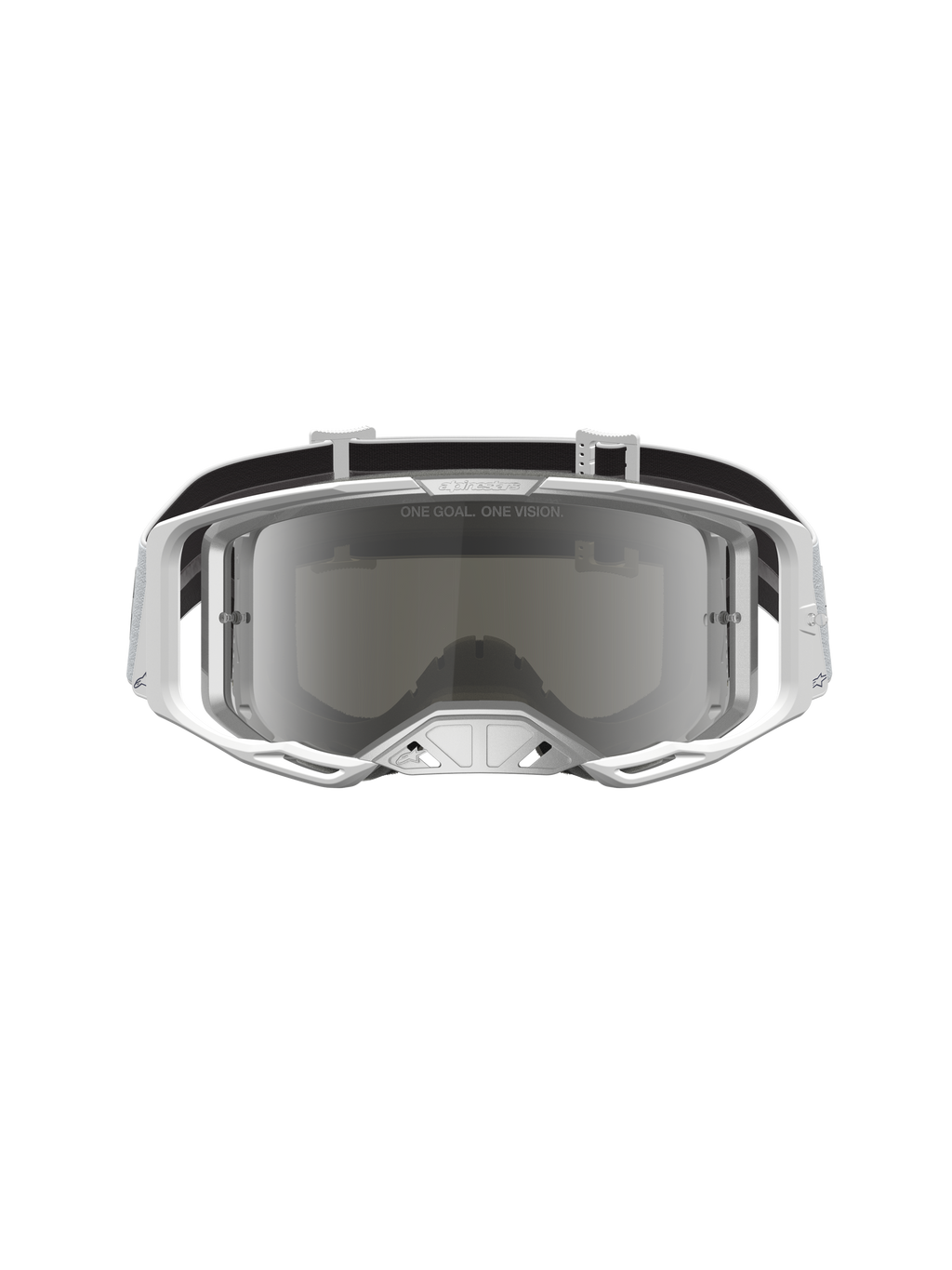 Alpinestars Vision 8 Amber veiligheidsbril, wit en zilver A-FLEX frame, motocrossbril met gespiegelde anti-fog lens.