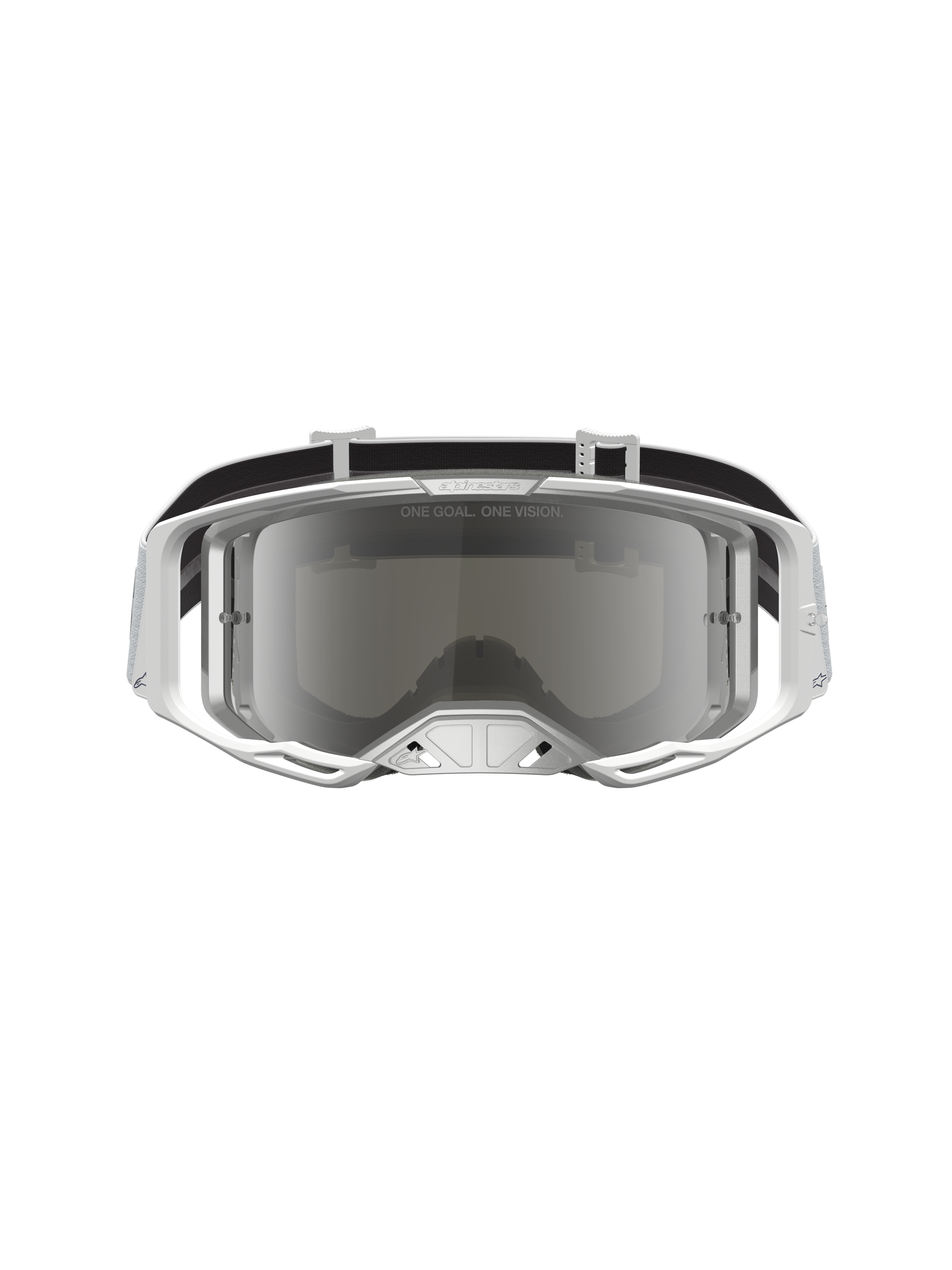 Alpinestars Vision 8 Amber veiligheidsbril, wit en zilver A-FLEX frame, motocrossbril met gespiegelde anti-fog lens.