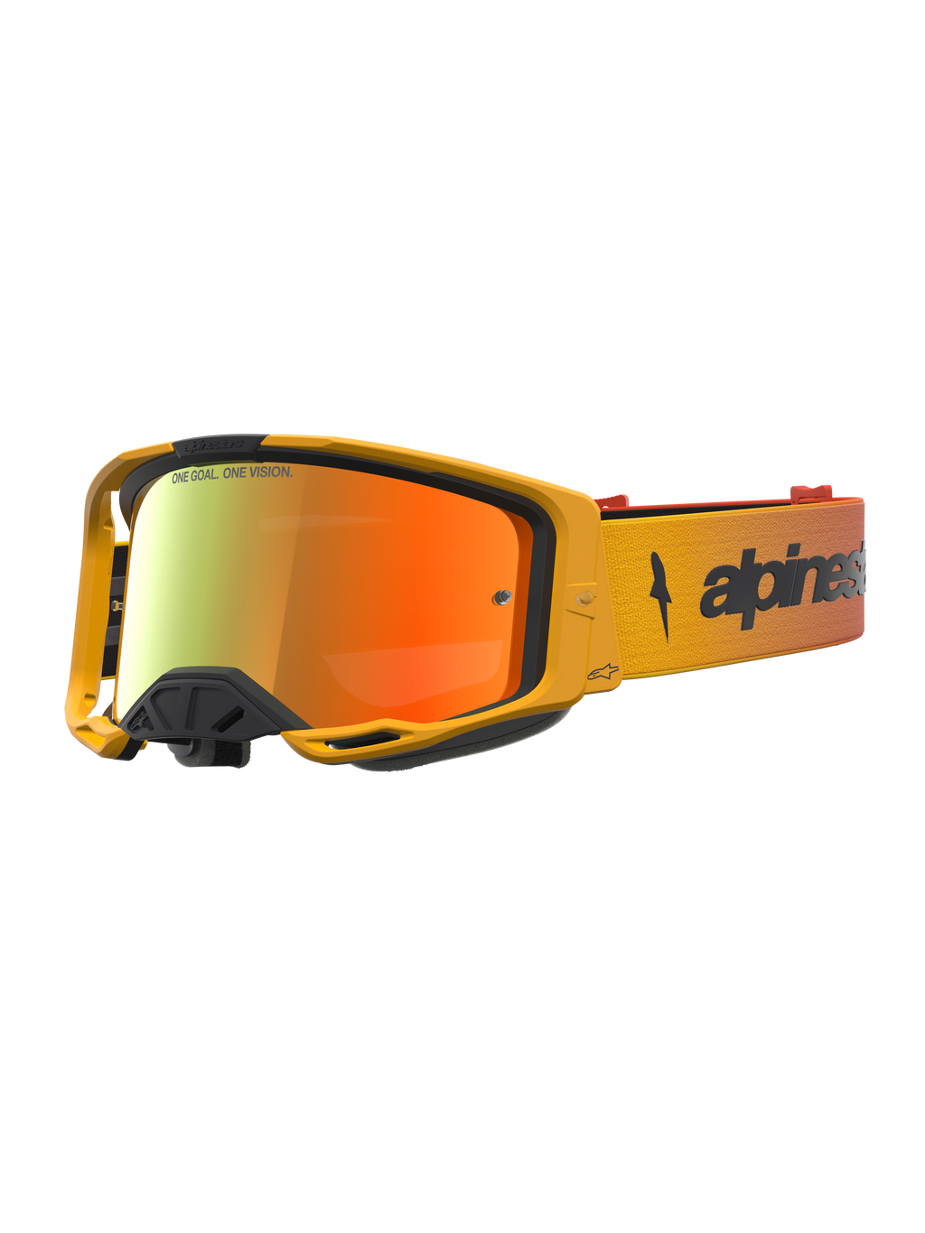 Alpinestars Vision 8 Amber Mirror veiligheidsbril voor motocross, rood en zwart met A-FLEX frame en anti-condens spiegellens.