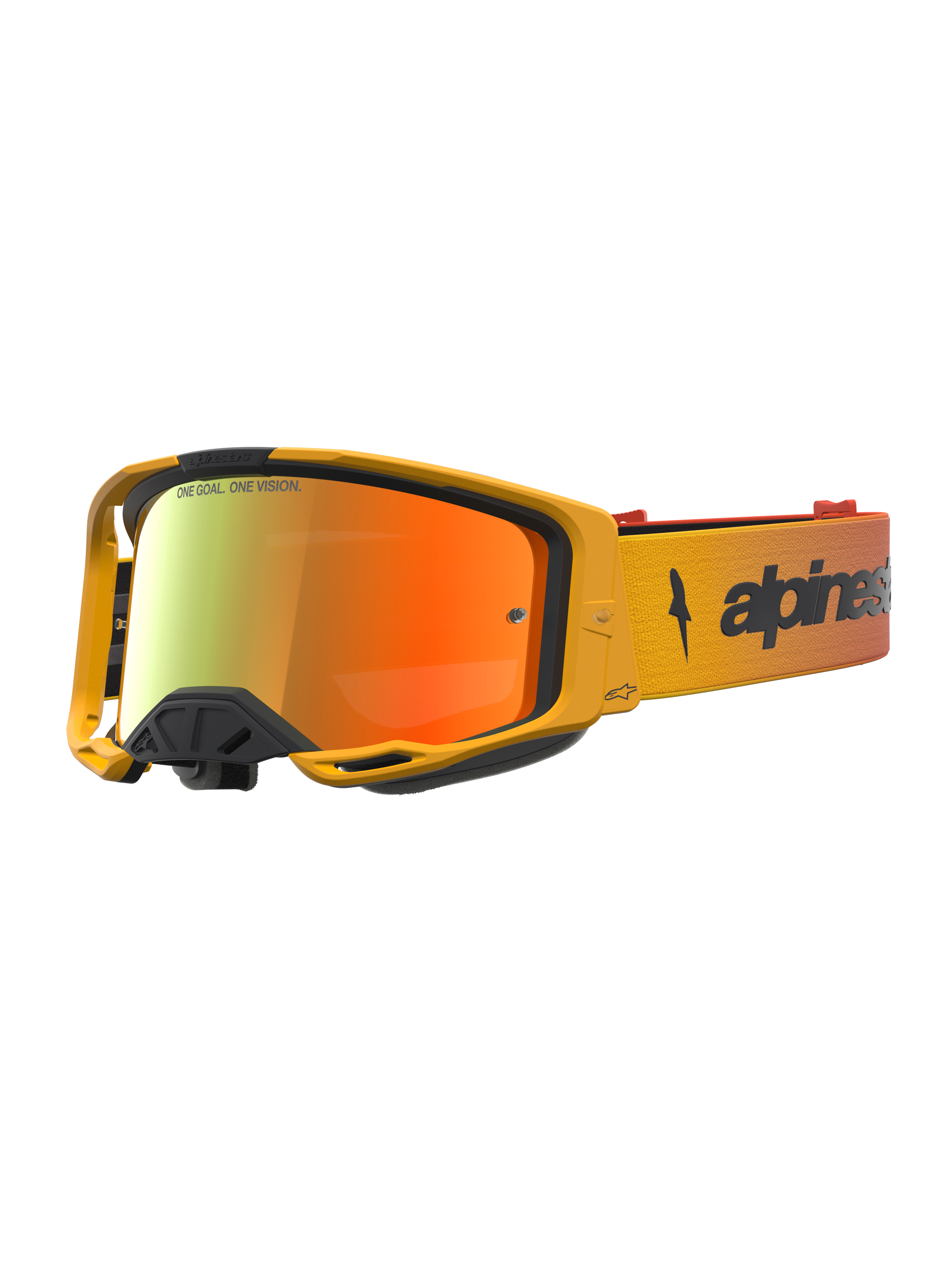 Alpinestars Vision 8 Amber Mirror veiligheidsbril voor motocross, rood en zwart met A-FLEX frame en anti-condens spiegellens.