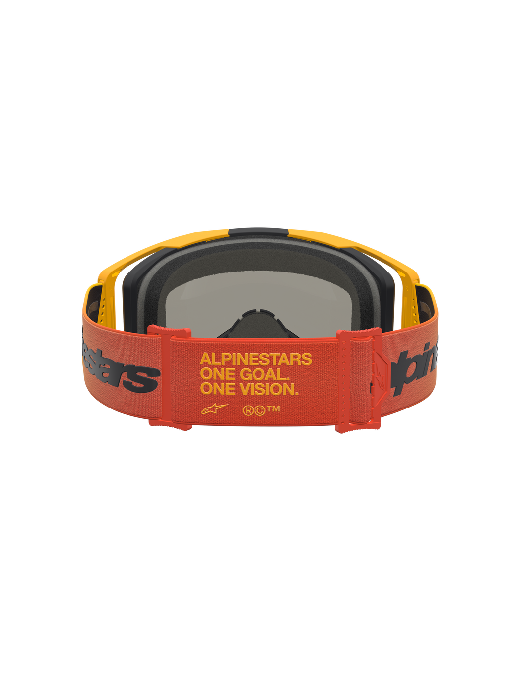 Alpinestars Vision 8 Amber Mirror veiligheidsbril, motorcrossbril met rode One Goal One Vision-band en geel frame vanuit een achteraanzicht, professionele off-road bescherming