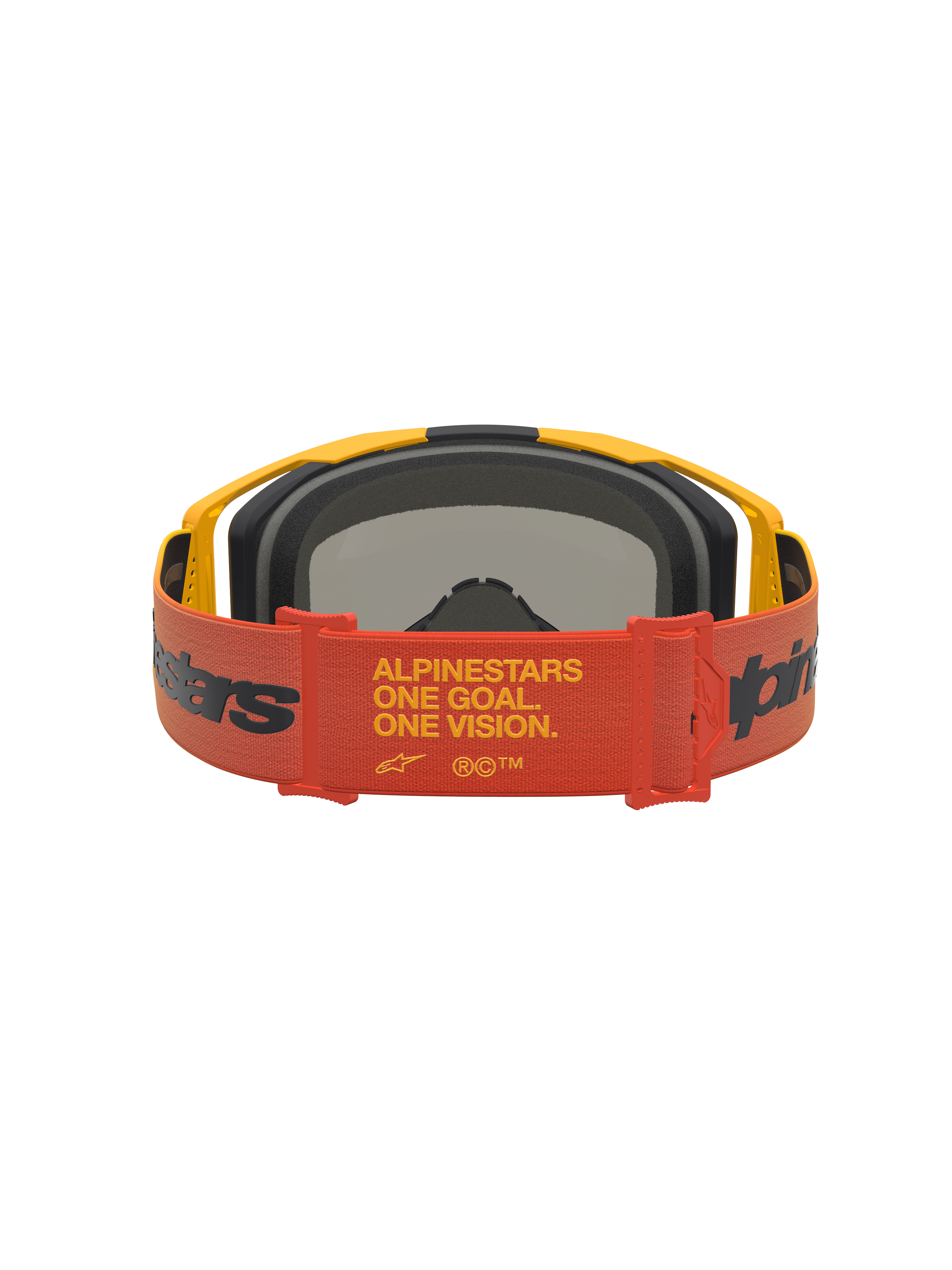 Alpinestars Vision 8 Amber Mirror veiligheidsbril, motorcrossbril met rode One Goal One Vision-band en geel frame vanuit een achteraanzicht, professionele off-road bescherming