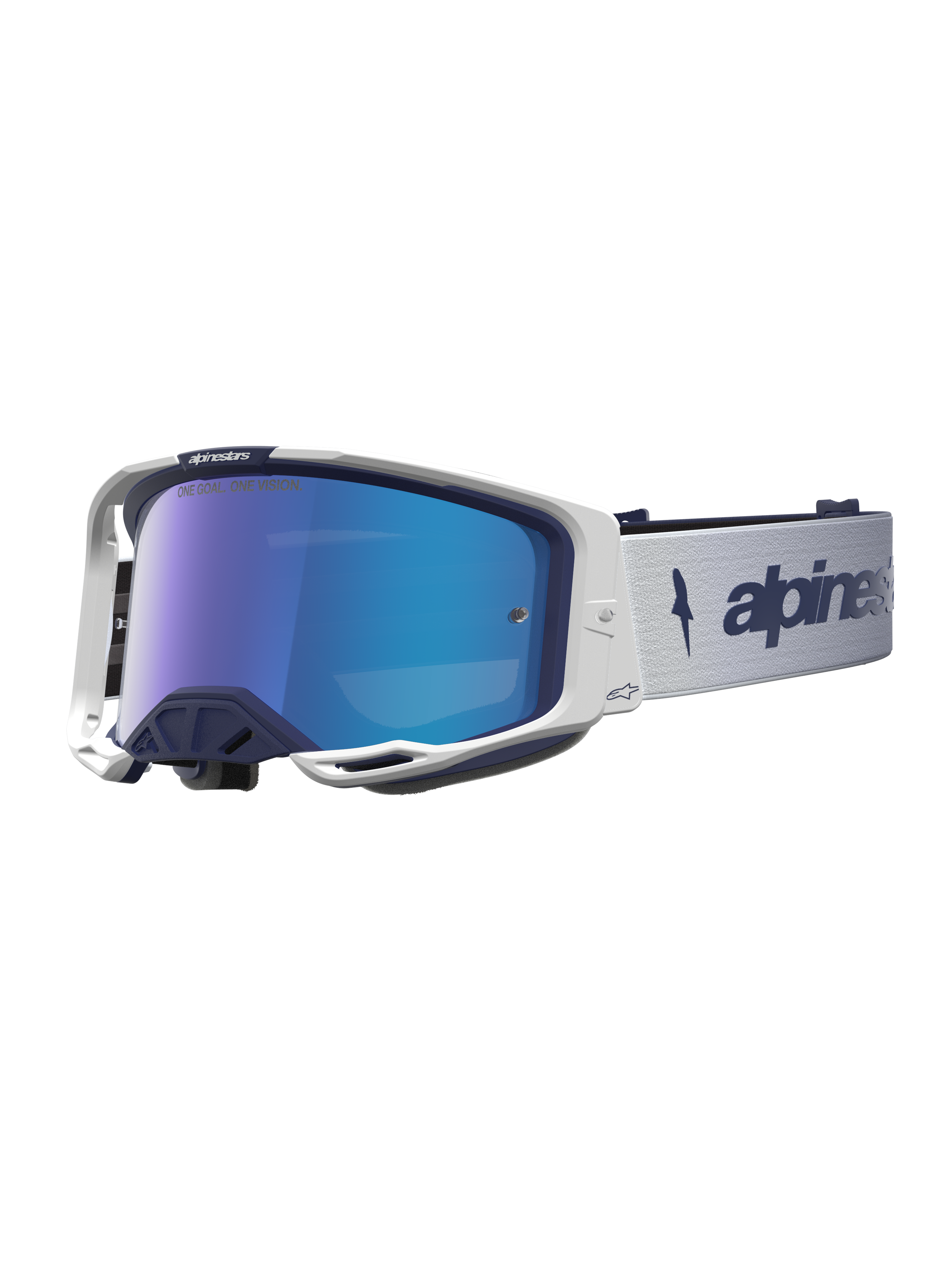 Alpinestars Vision 8 Amber Mirror Goggles, Motocross Racing Eyewear, Navy and White with Blue Mirror Lens, A-FLEX Frame and RAM-AIR Ventilation.