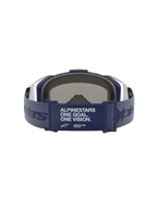 Alpinestars Vision 8 Amber Mirror Goggles for motocross, rear view showing wide navy blue strap with brand manifesto, white frame, and 3D face foam.