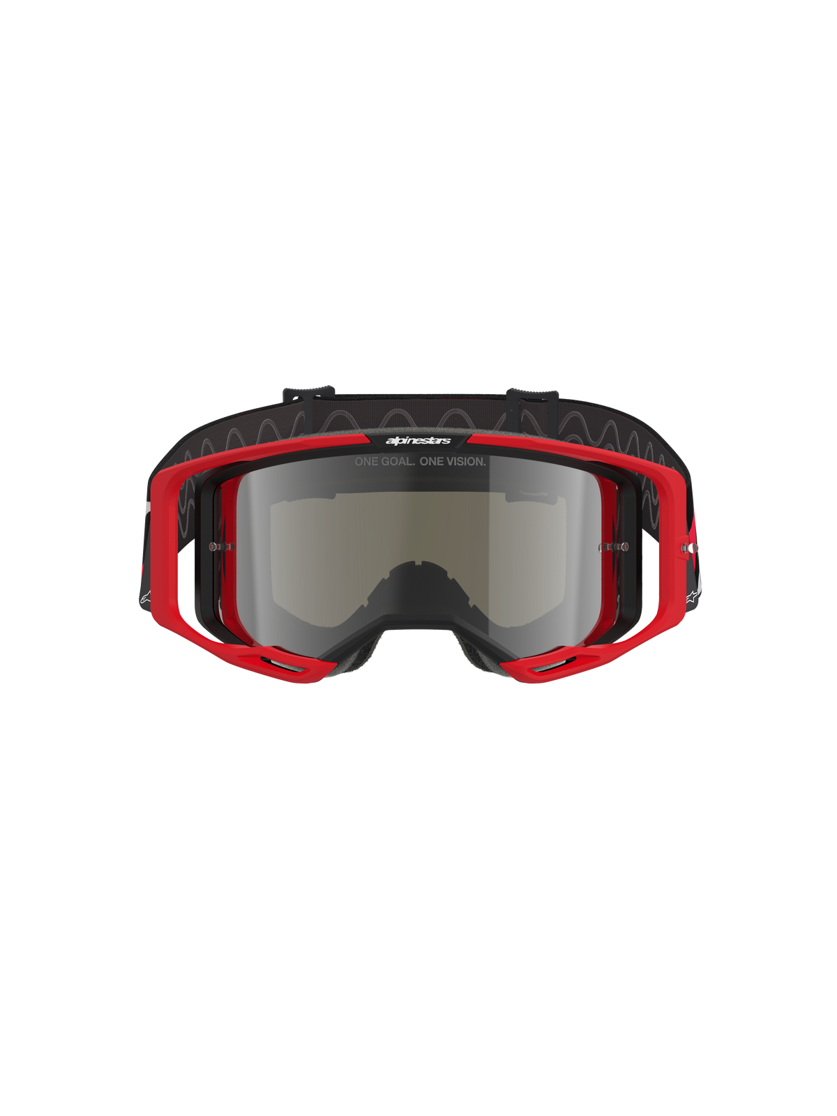 Alpinestars Vision 8 Luar motorcrossbril, rood en zwart frame met zilveren mirror lens, hoogwaardig ontwerp met breed gezichtsveld, opvallende branding op de band en het frame, geschikt voor off-road en motorcross racing