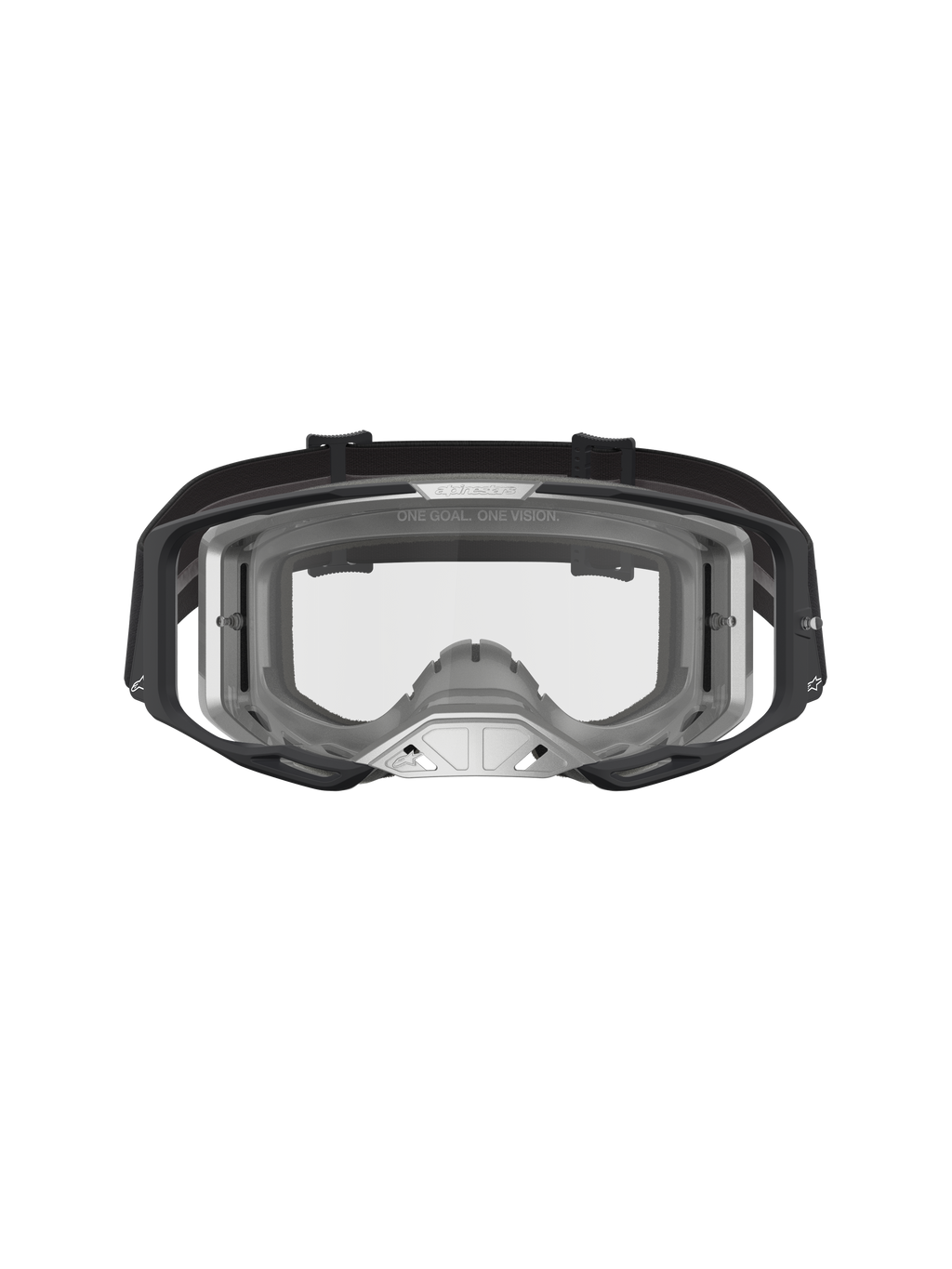 Alpinestars Vision 8 Amber Goggles, Motocross Goggles featuring a Black and Silver A-FLEX frame and clear high-impact lens.