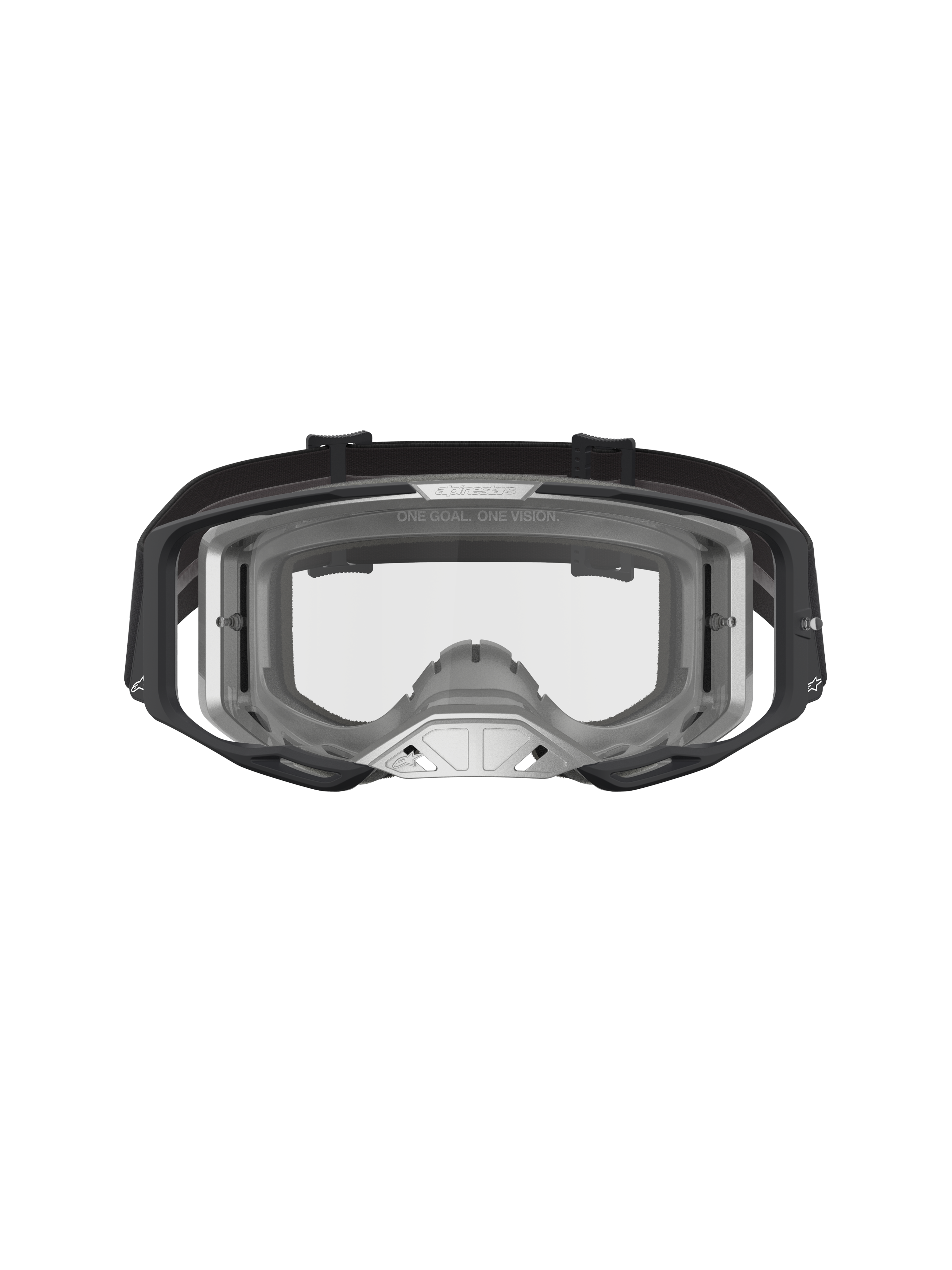 Alpinestars Vision 8 Amber Goggles, Motocross Goggles featuring a Black and Silver A-FLEX frame and clear high-impact lens.