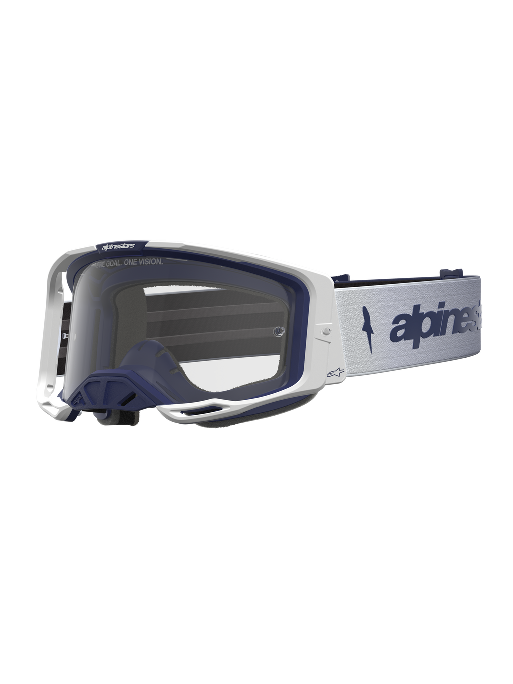 Alpinestars Vision 8 Amber veiligheidsbril, motorcrossbril met transparante lens en RAM-AIR ventilatie, wit en navy, lichtgewicht A-FLEX frame voor off-road gebruik.