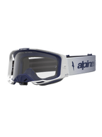 Alpinestars Vision 8 Amber veiligheidsbril, motorcrossbril met transparante lens en RAM-AIR ventilatie, wit en navy, lichtgewicht A-FLEX frame voor off-road gebruik.