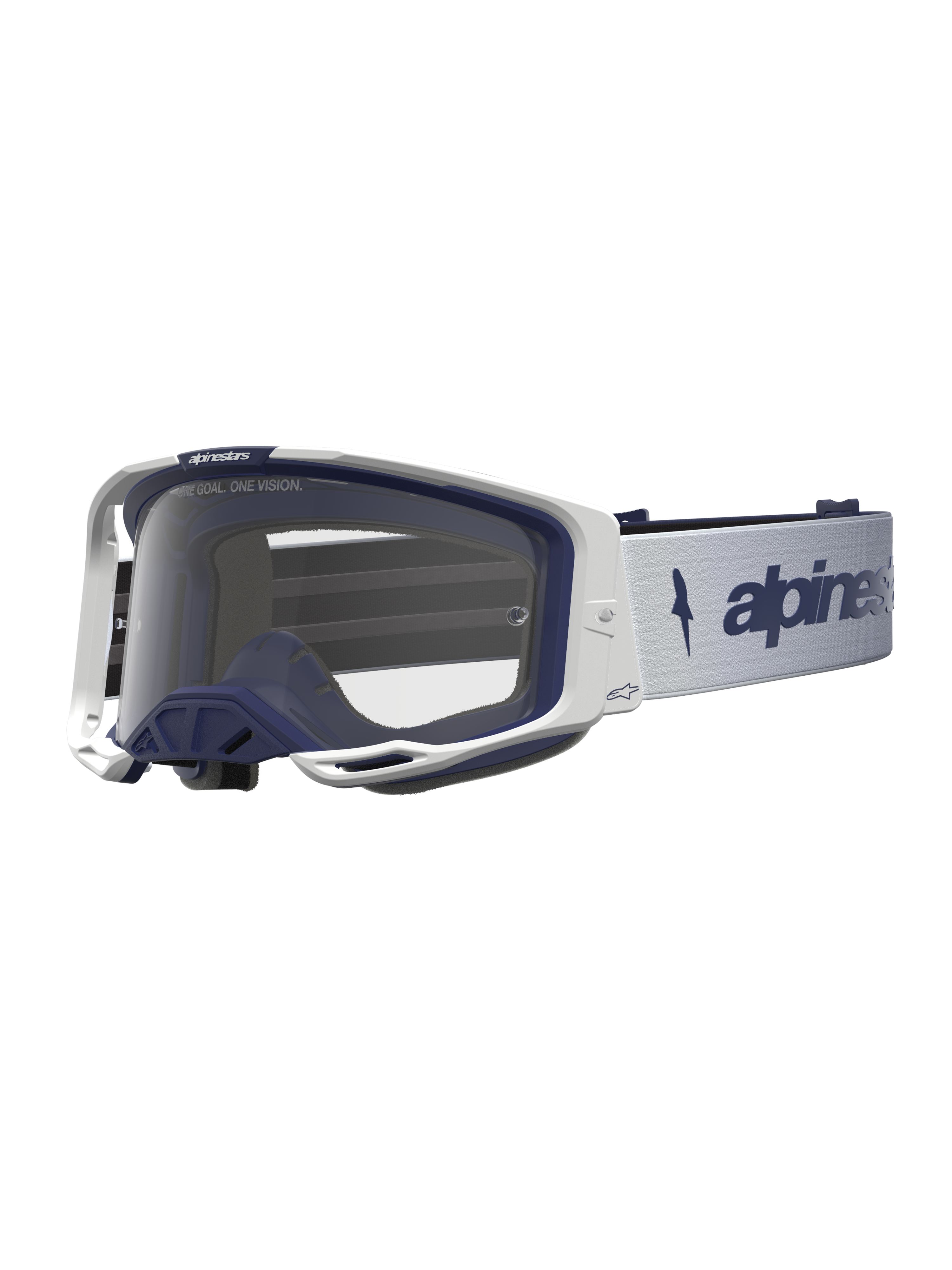 Alpinestars Vision 8 Amber veiligheidsbril, motorcrossbril met transparante lens en RAM-AIR ventilatie, wit en navy, lichtgewicht A-FLEX frame voor off-road gebruik.