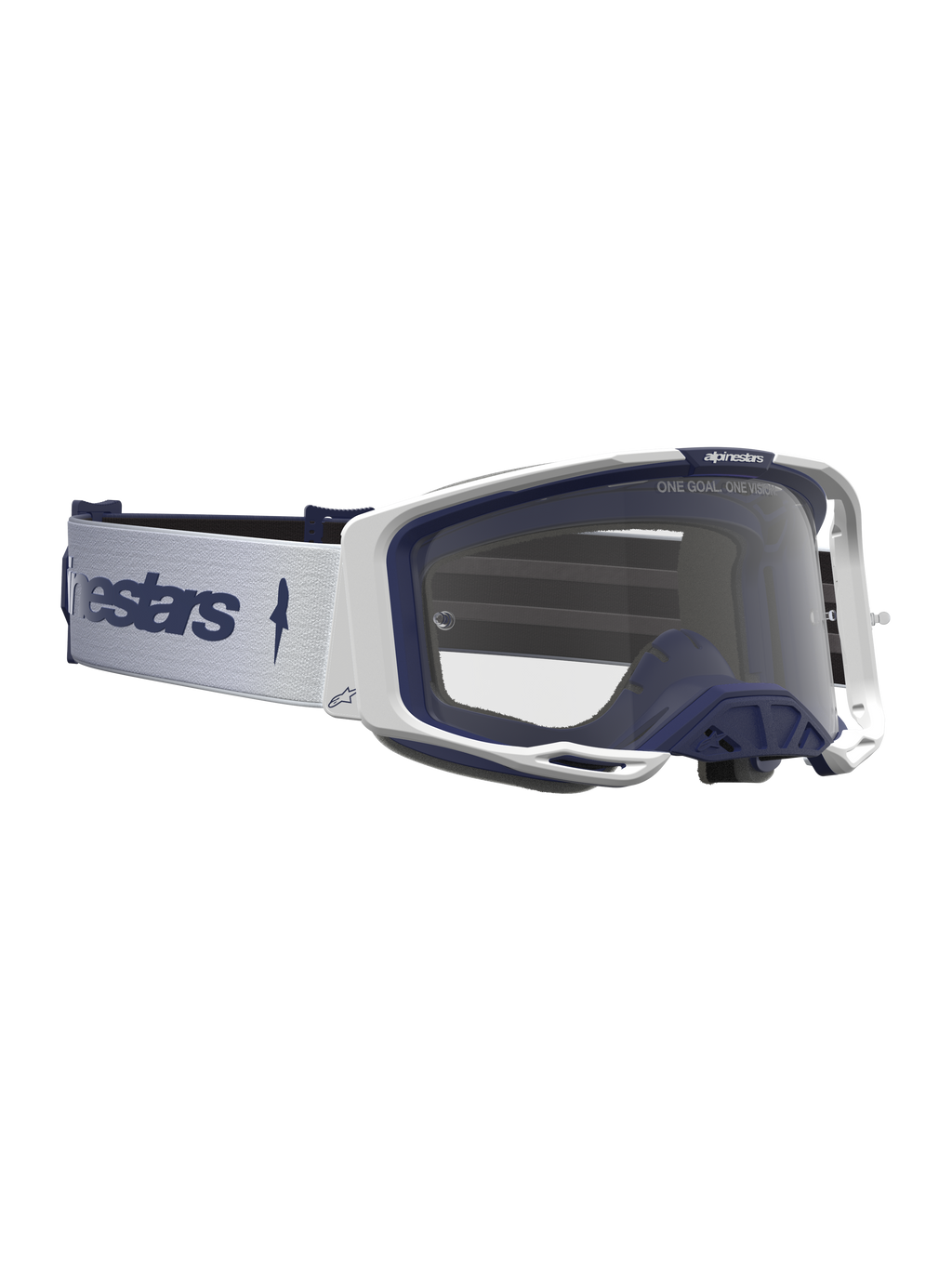 Alpinestars Vision 8 Amber veiligheidsbril voor motocross, wit en marineblauw, transparant vizier, A-FLEX frame en RAM-AIR ventilatie.