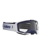 Alpinestars Vision 8 Amber veiligheidsbril voor motocross, wit en marineblauw, transparant vizier, A-FLEX frame en RAM-AIR ventilatie.