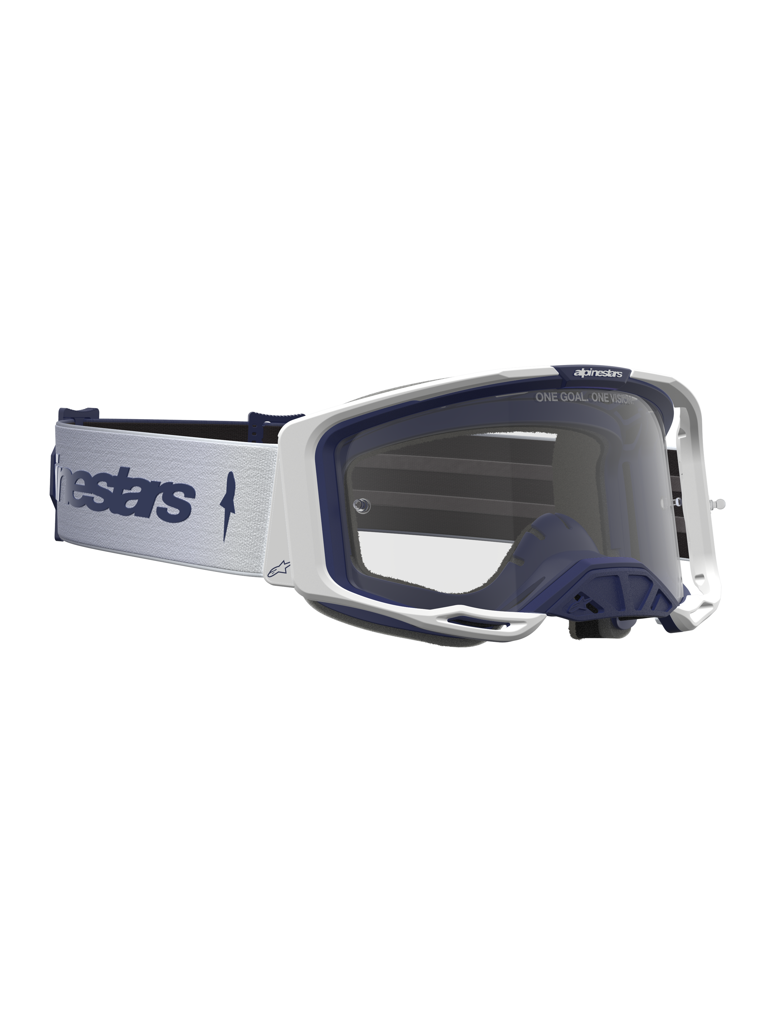 Alpinestars Vision 8 Amber veiligheidsbril voor motocross, wit en marineblauw, transparant vizier, A-FLEX frame en RAM-AIR ventilatie.