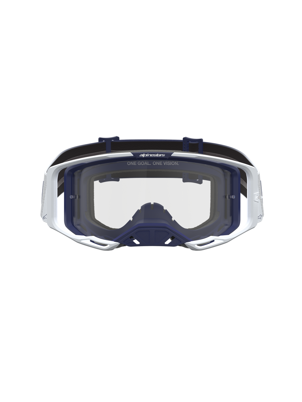 Alpinestars Vision 8 Amber veiligheidsbril, motorcrossbril in wit en donkerblauw, transparante lens en A-FLEX frame voor off-road prestaties.