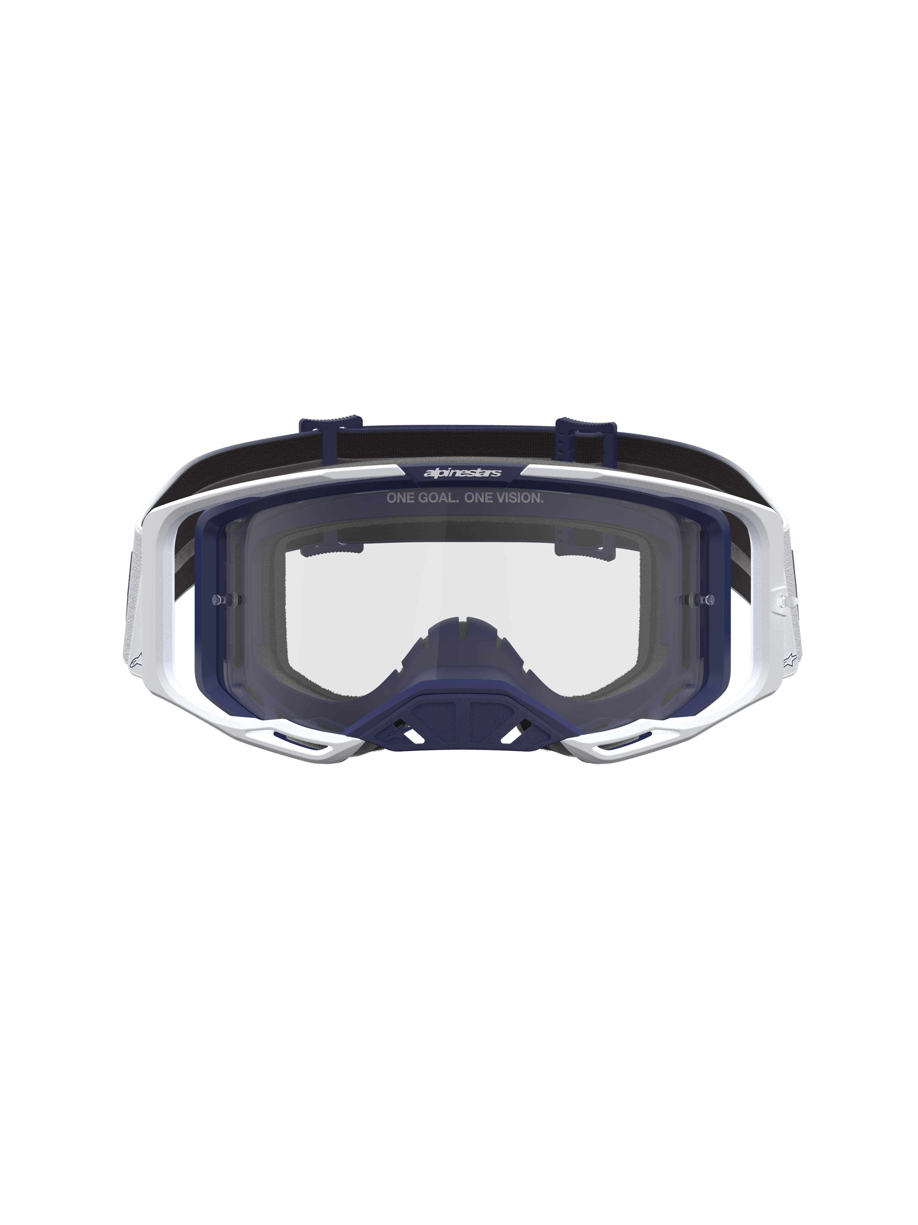 Alpinestars Vision 8 Amber veiligheidsbril, motorcrossbril in wit en donkerblauw, transparante lens en A-FLEX frame voor off-road prestaties.