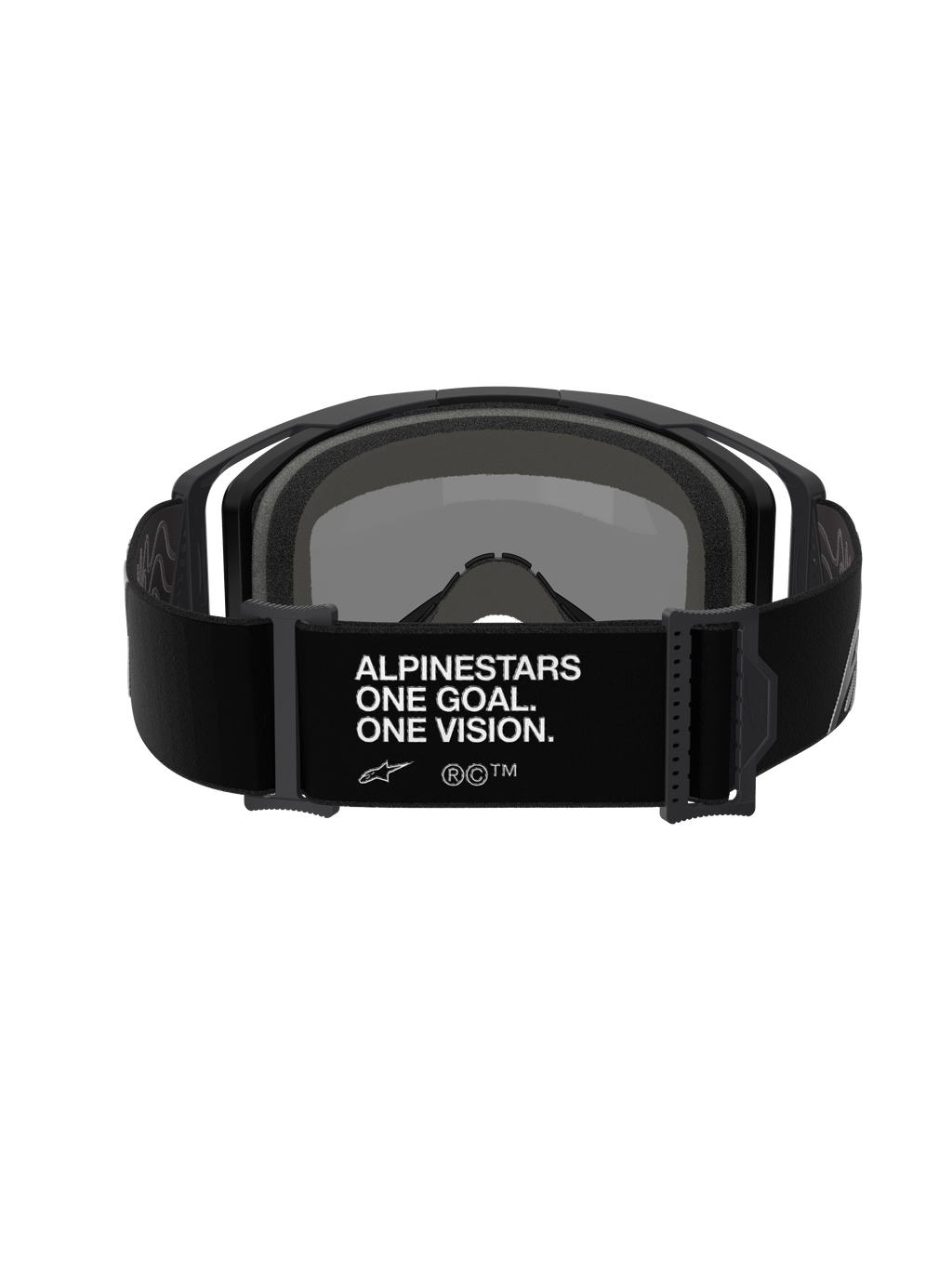 Alpinestars Vision 8 Corp Goggles, motorcrossbril, achteraanzicht van de zwarte verstelbare band met witte 'ALPINESTARS ONE GOAL. ONE VISION.' branding, zwart frame en schuimvulling