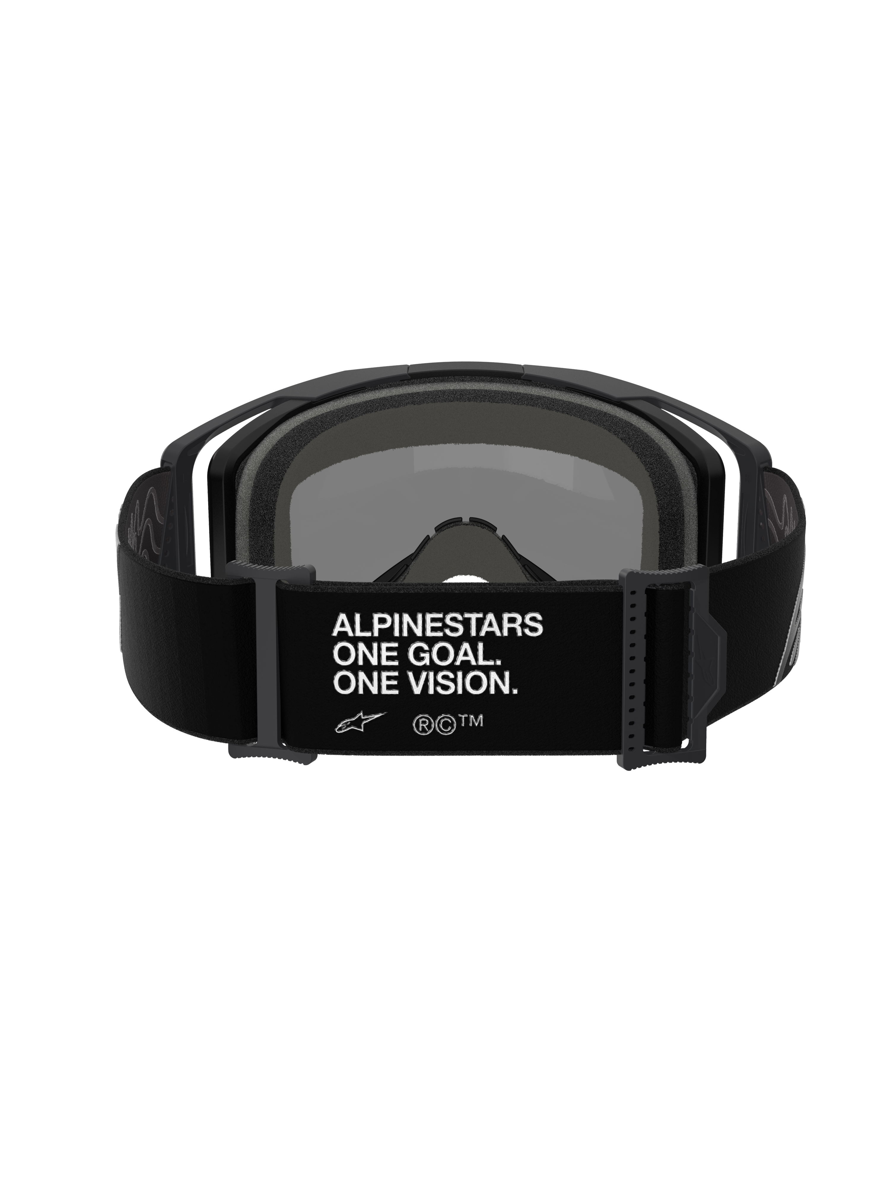 Alpinestars Vision 8 Corp Goggles, motorcrossbril, achteraanzicht van de zwarte verstelbare band met witte 'ALPINESTARS ONE GOAL. ONE VISION.' branding, zwart frame en schuimvulling