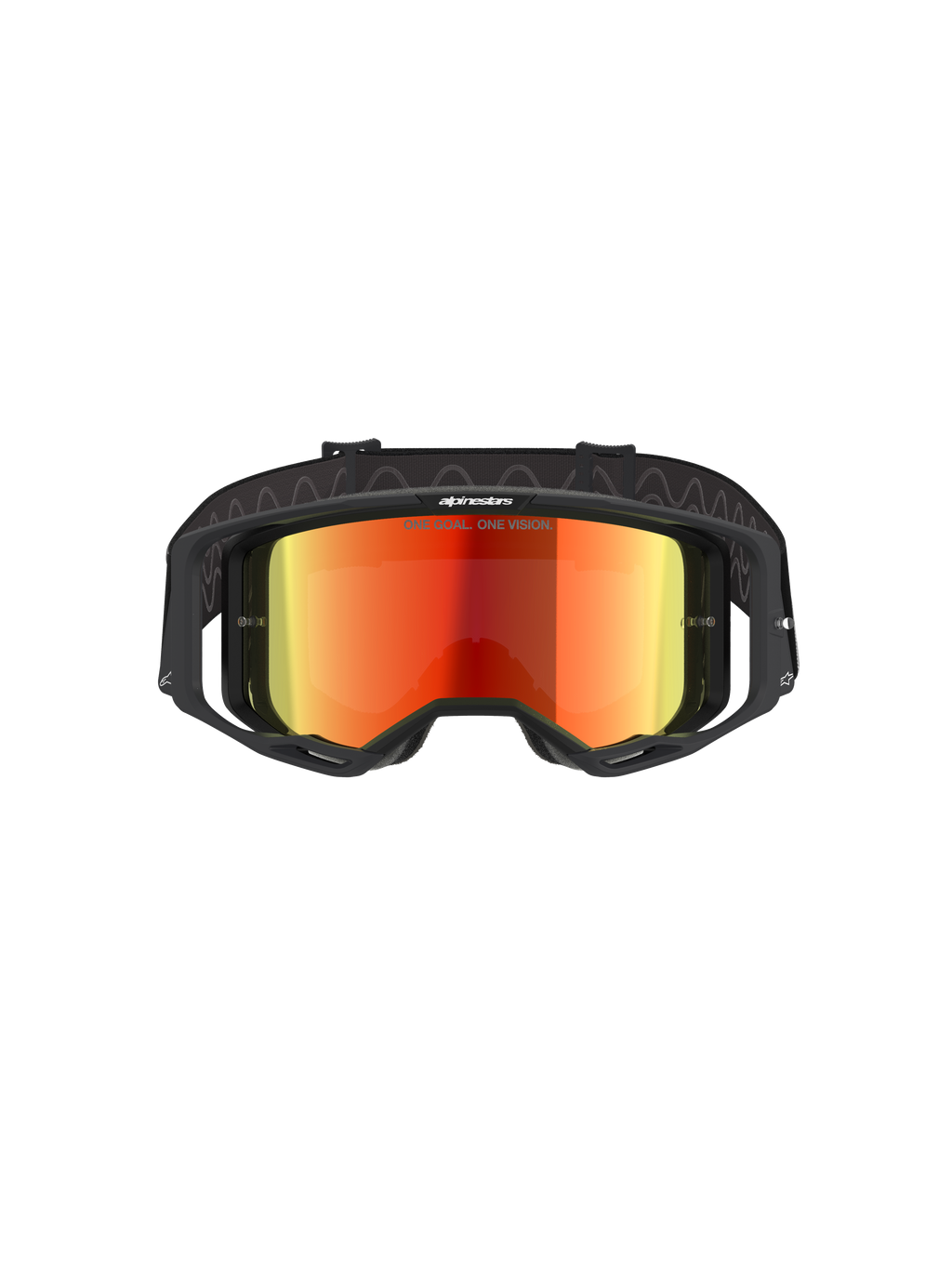 Alpinestars Vision 8 Corp Goggles, motorcrossbril, zwart en Mirror Red, vooraanzicht met een rode reflecterende lens met 'ONE GOAL. ONE VISION.' tekst, zwart frame met RAM-AIR ventilatie, verstelbare zwarte band, professionele oogbescherming voor off-road racen