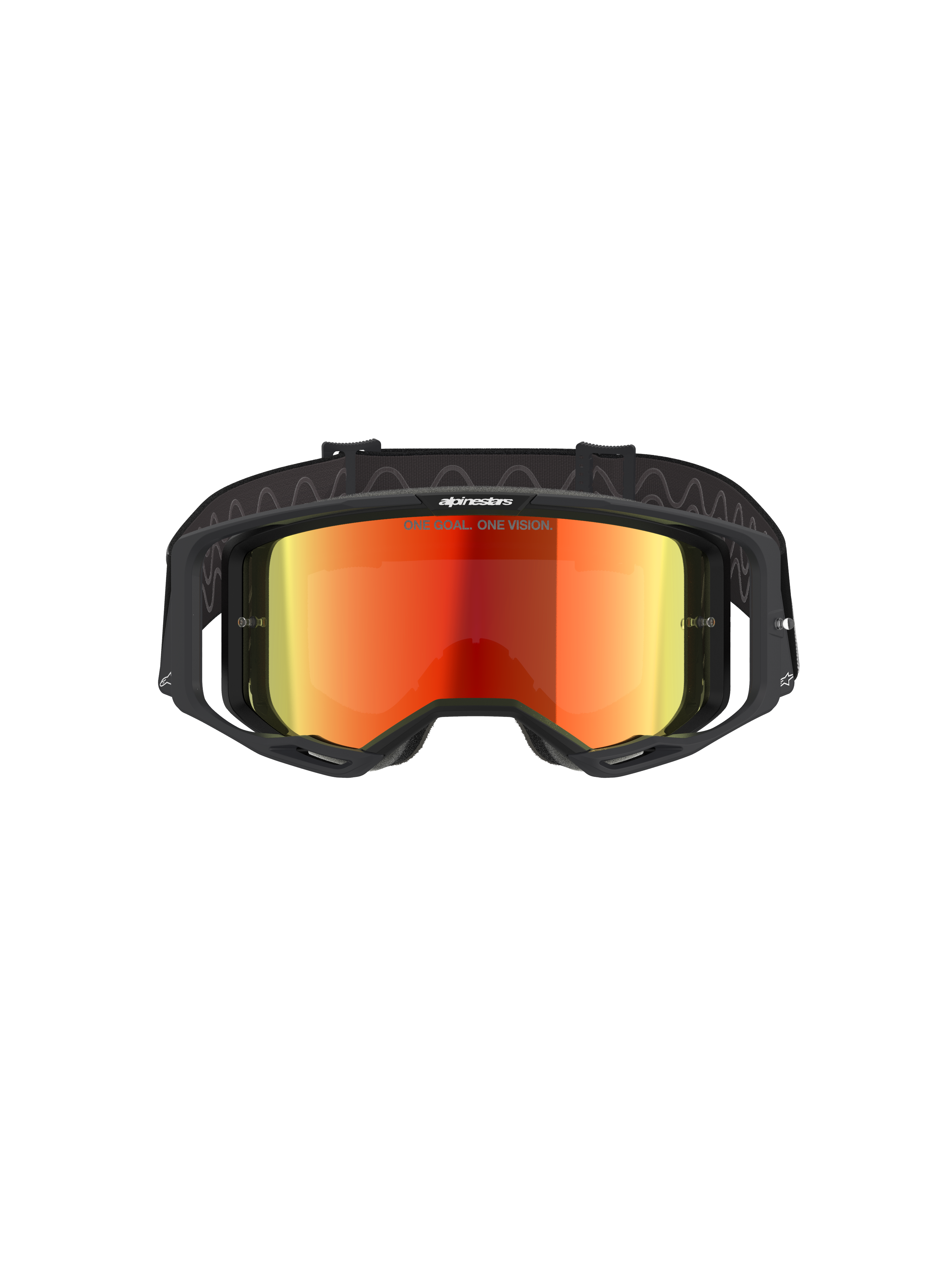 Alpinestars Vision 8 Corp Goggles, motorcrossbril, zwart en Mirror Red, vooraanzicht met een rode reflecterende lens met 'ONE GOAL. ONE VISION.' tekst, zwart frame met RAM-AIR ventilatie, verstelbare zwarte band, professionele oogbescherming voor off-road racen