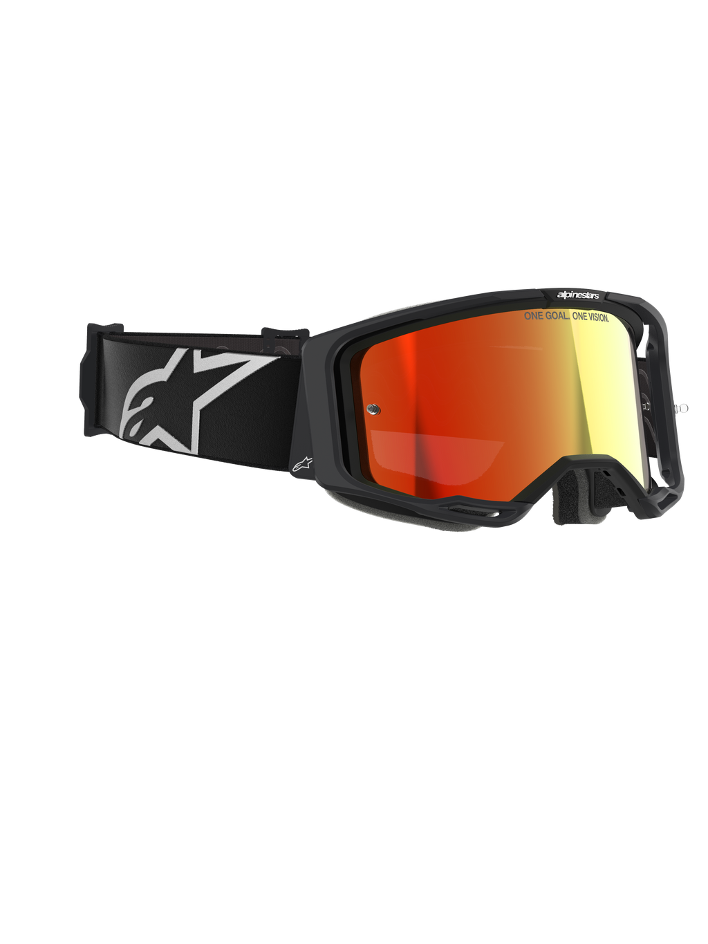 Alpinestars Vision 8 Corp Goggles, motorcrossbril, zwart met Mirror Red lens, voorzien van een zwarte band met wit Alpinestars-logo en "ONE GOAL. ONE VISION."-tekst op de lens, hoogwaardige oogbescherming voor off-road rijden