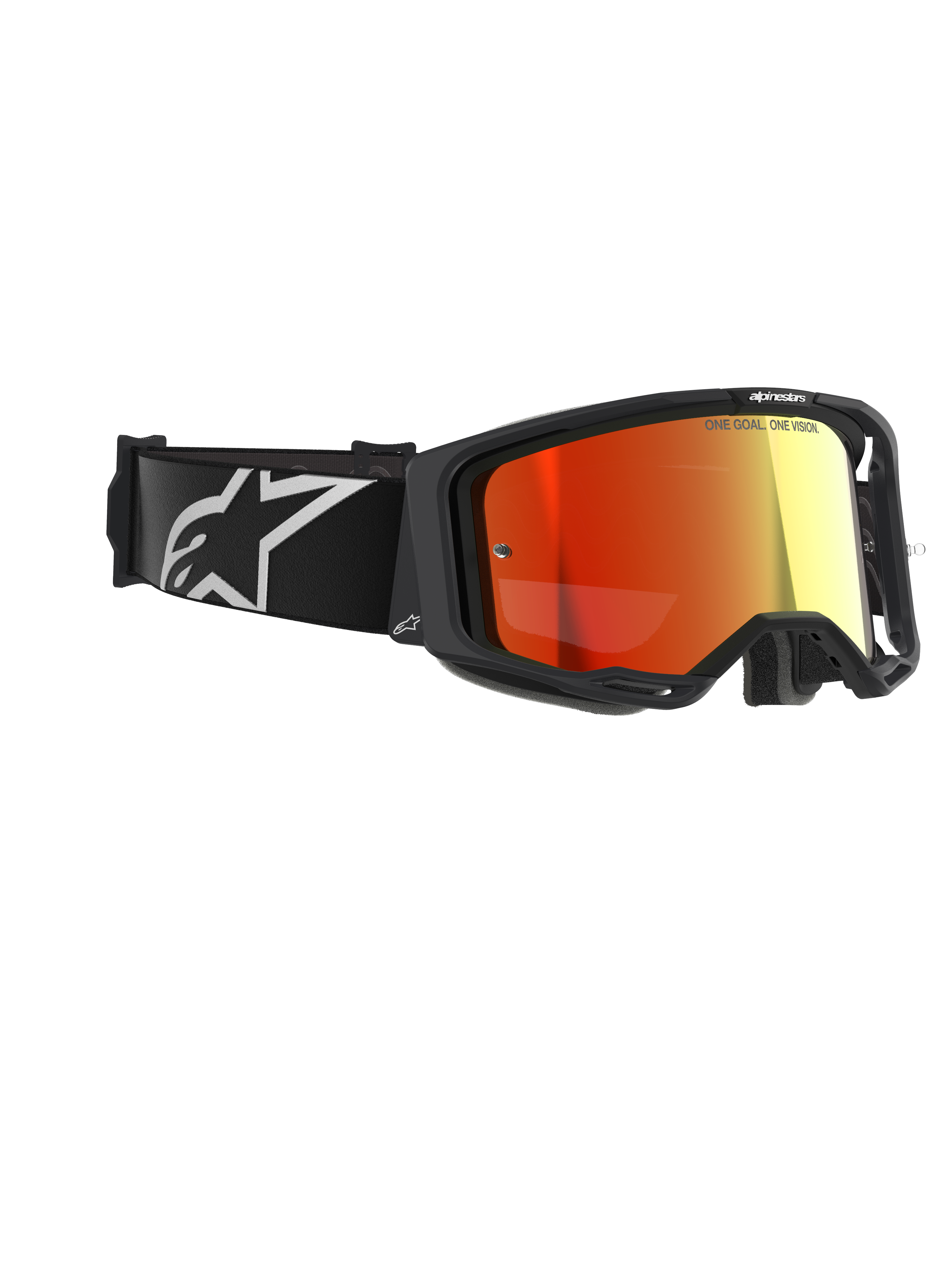 Alpinestars Vision 8 Corp Goggles, motorcrossbril, zwart met Mirror Red lens, voorzien van een zwarte band met wit Alpinestars-logo en "ONE GOAL. ONE VISION."-tekst op de lens, hoogwaardige oogbescherming voor off-road rijden