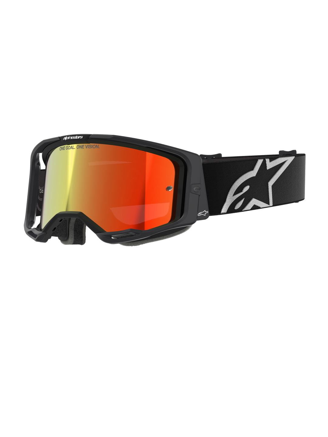 Alpinestars Vision 8 Corp motorbril, motocrossbril, zwart met rode spiegelende lens, reflecterend kleurverloop van geel naar rood, verstelbare zwarte band met groot wit sterlogo, grijze schuimvulling, high-performance ontwerp voor off-road racing