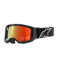 Alpinestars Vision 8 Corp motorbril, motocrossbril, zwart met rode spiegelende lens, reflecterend kleurverloop van geel naar rood, verstelbare zwarte band met groot wit sterlogo, grijze schuimvulling, high-performance ontwerp voor off-road racing