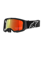 Alpinestars Vision 8 Corp motorbril, motocrossbril, zwart met rode spiegelende lens, reflecterend kleurverloop van geel naar rood, verstelbare zwarte band met groot wit sterlogo, grijze schuimvulling, high-performance ontwerp voor off-road racing