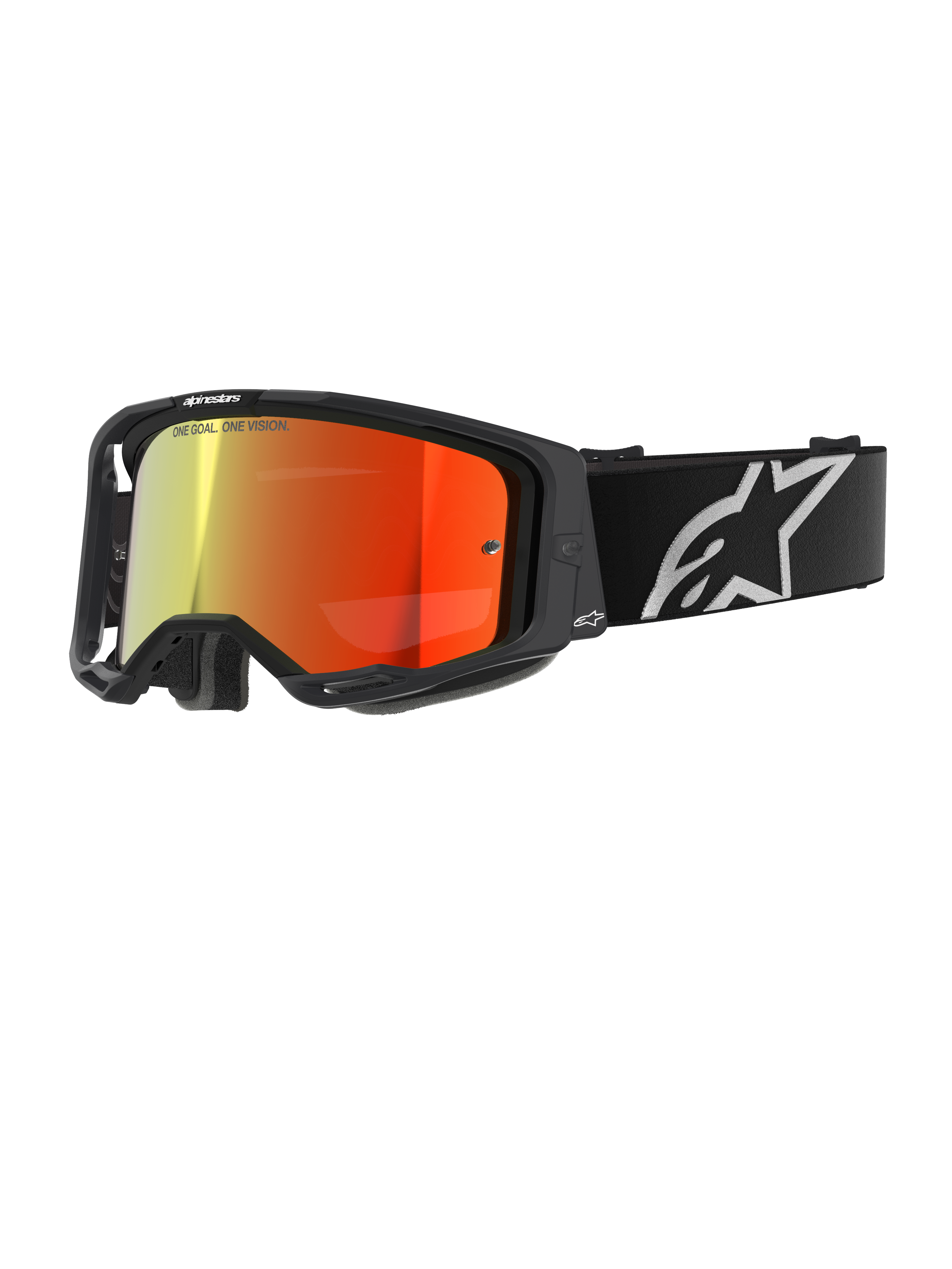 Alpinestars Vision 8 Corp Goggles, Motocross Goggles, Black with Red Mirror lens, reflective gradient from yellow to red, adjustable black strap with large white star logo, gray face foam padding, high-performance design for off-road racing