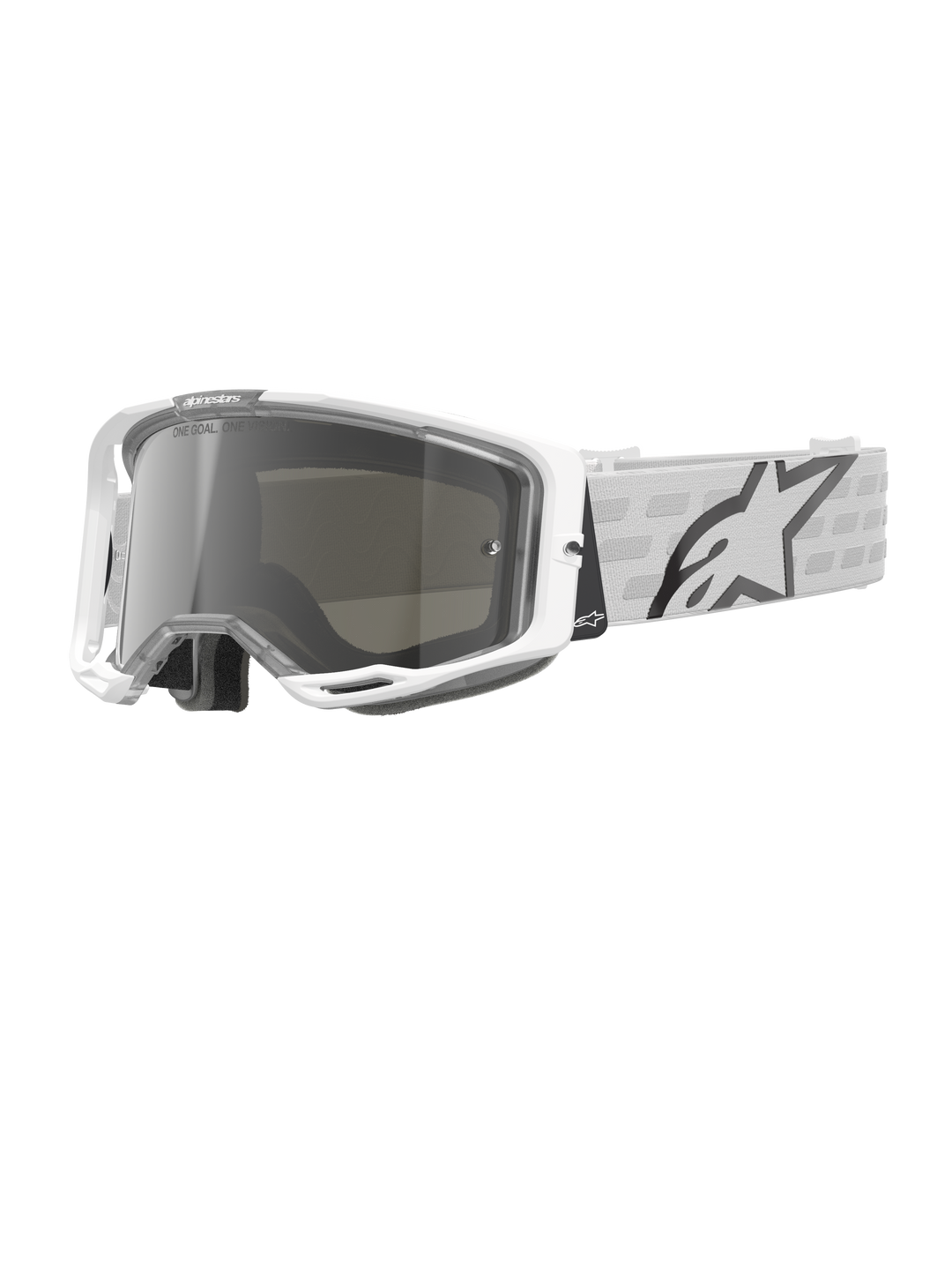 Alpinestars Vision 8 Corp crossbril, witte motocrossbril, zilveren gespiegelde lens, band met grijs en wit patroon, off-road racebril, gewatteerde comfortvoering, modern rechthoekig frame