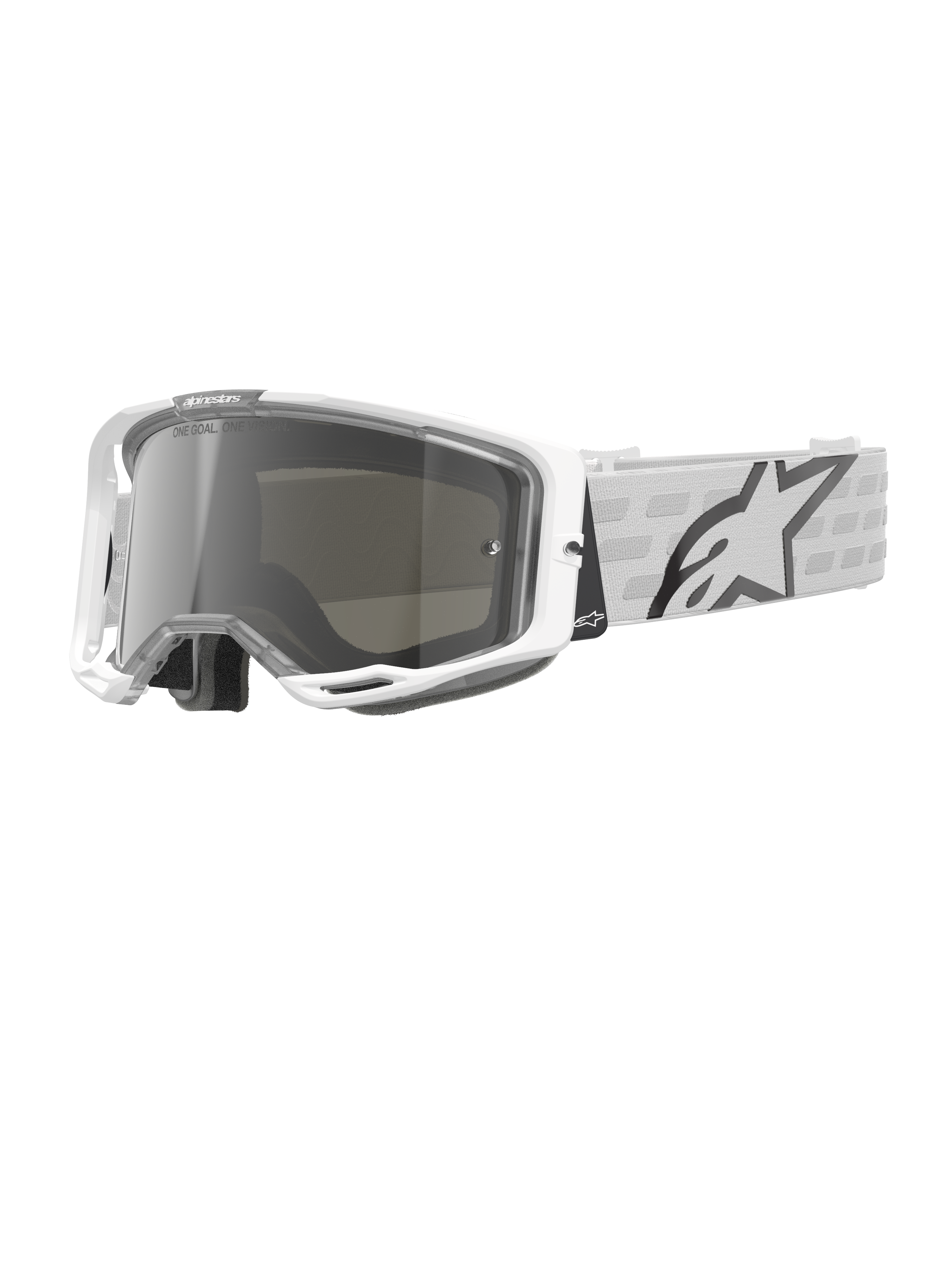 Alpinestars Vision 8 Corp Goggles, White Motocross Goggles, Silver Mirrored Lens, Gray and White Patterned Strap, Off-Road Racing Eyewear, Padded Comfort Lining, Modern Rectangular Frame