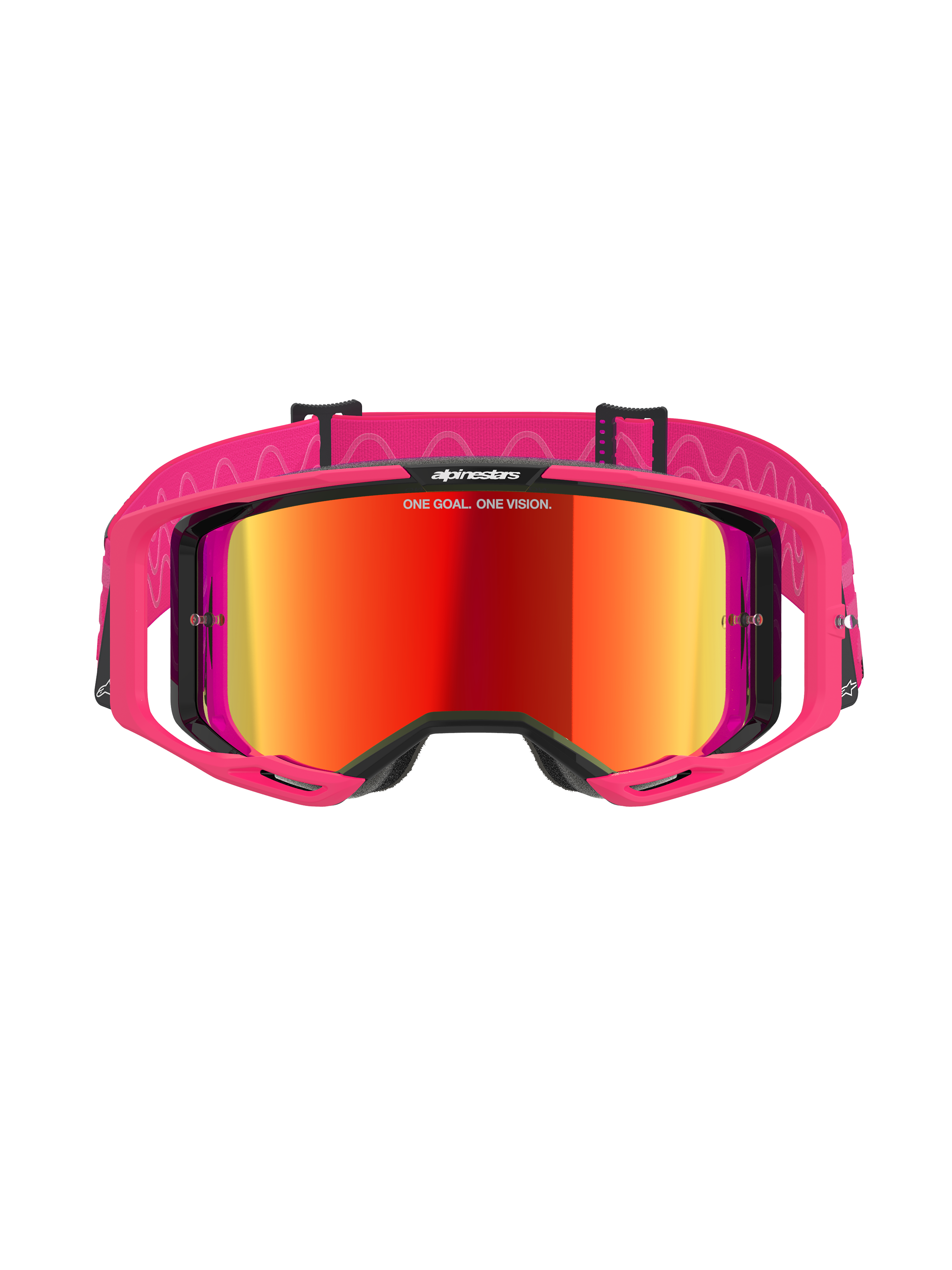 Alpinestars Vision 8 Corp Goggles, Motocross Goggles, Pink Mirror Red, featuring a pink A-FLEX frame and mirrored red lens, pink strap with white wavy patterns and logo, professional off-road racing eyewear