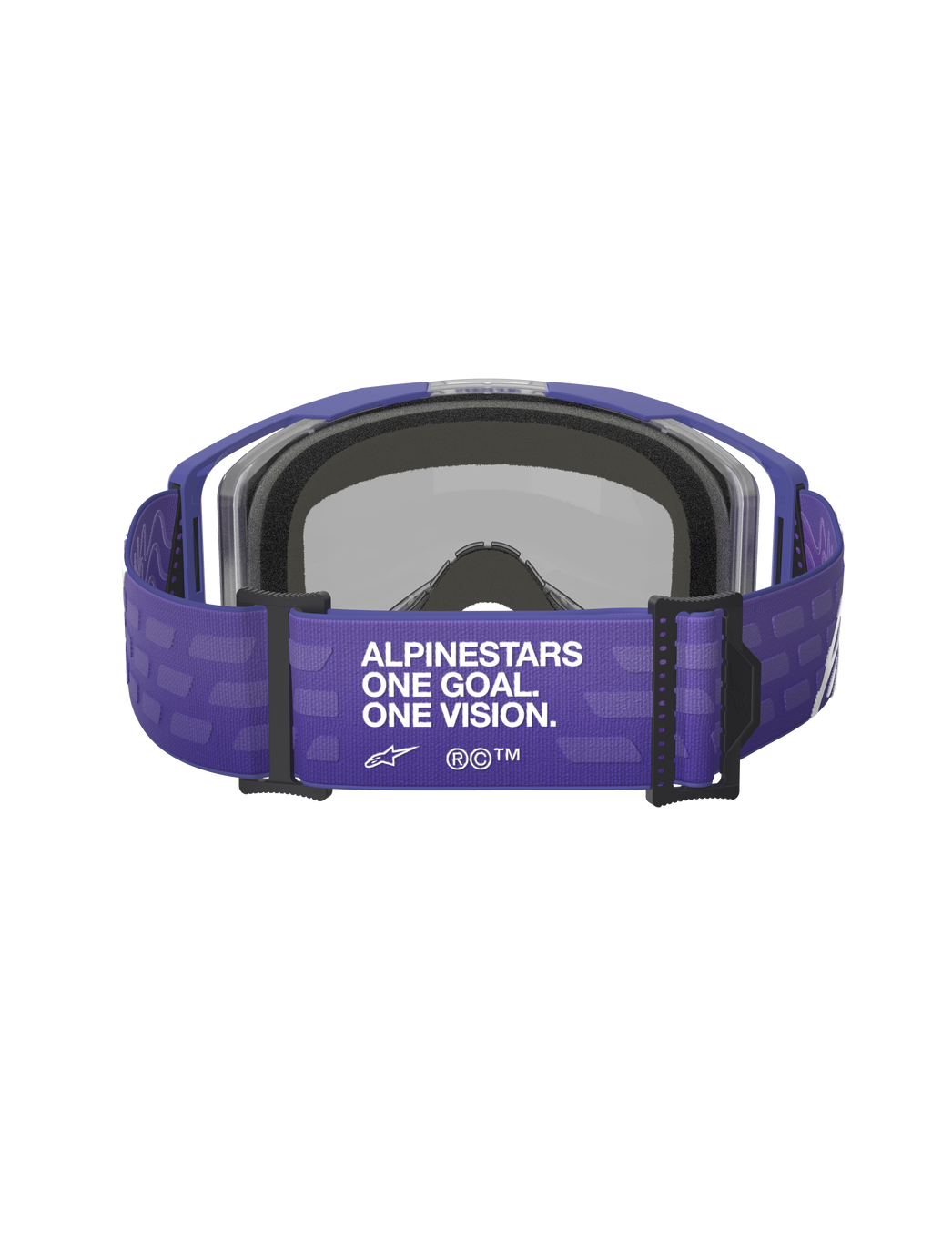 Alpinestars Vision 8 Corp Goggles, paars, achteraanzicht met brede paarse band voorzien van witte 'ALPINESTARS ONE GOAL. ONE VISION.' tekst, zwarte hardware en grijs gezichtsschuim, motorcross bril