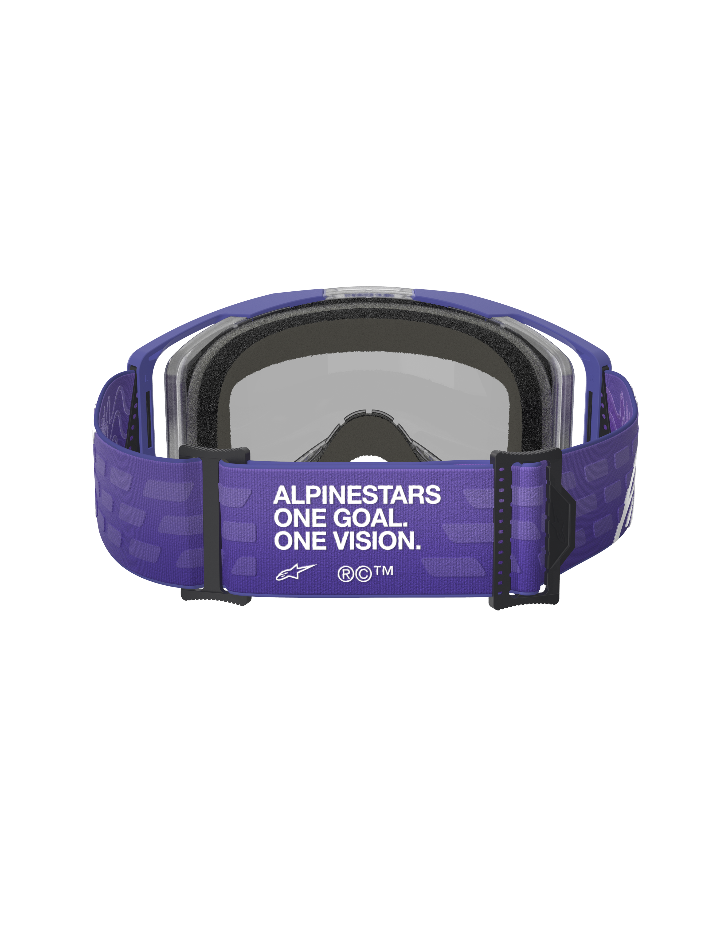 Alpinestars Vision 8 Corp Goggles, paars, achteraanzicht met brede paarse band voorzien van witte 'ALPINESTARS ONE GOAL. ONE VISION.' tekst, zwarte hardware en grijs gezichtsschuim, motorcross bril