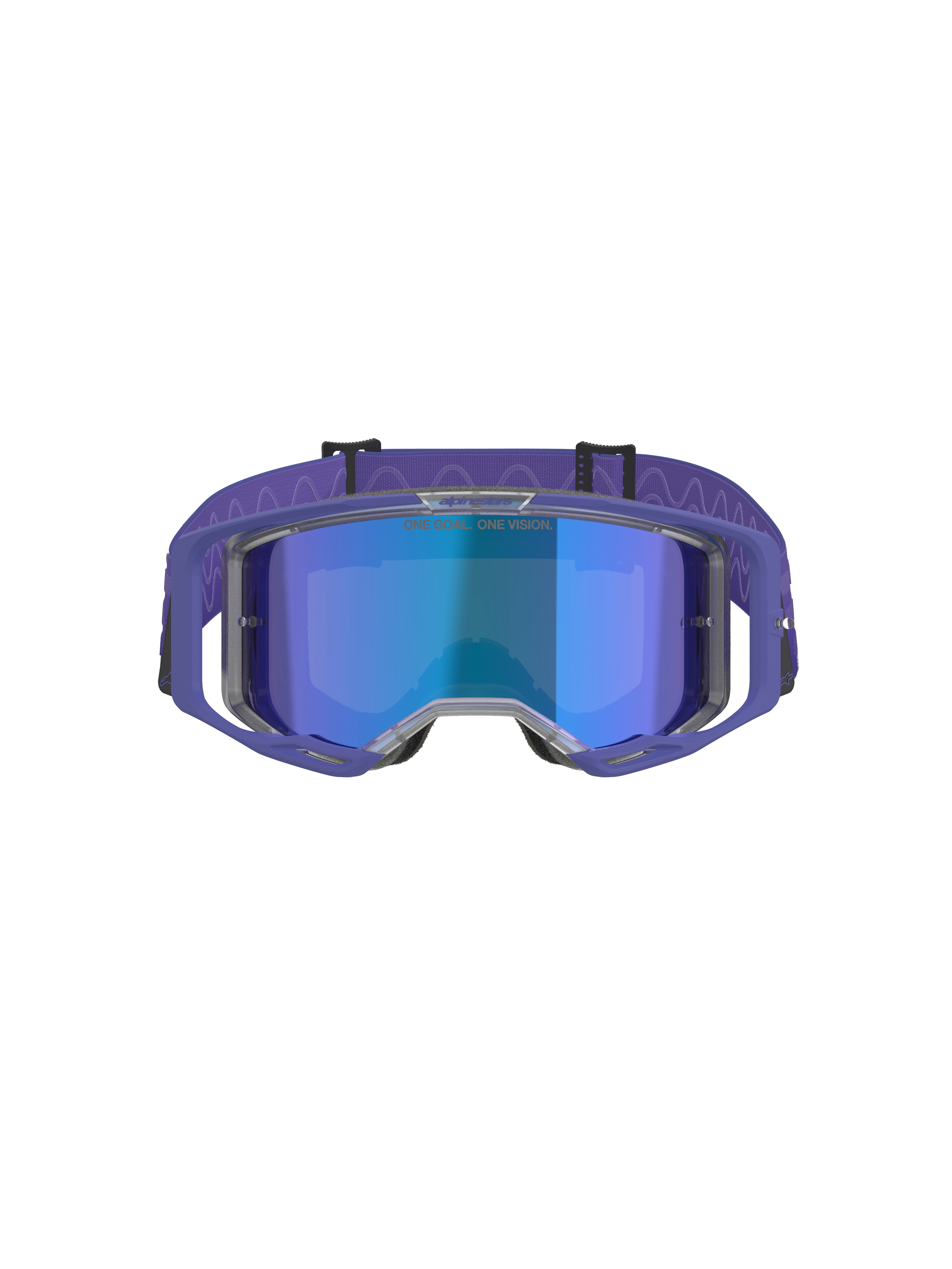 Alpinestars Vision 8 Corp Goggles, motocrossbril, paars frame met blauw spiegelende lens, paarse band met golvend patroon, hoogwaardige oogbescherming voor off-road racen