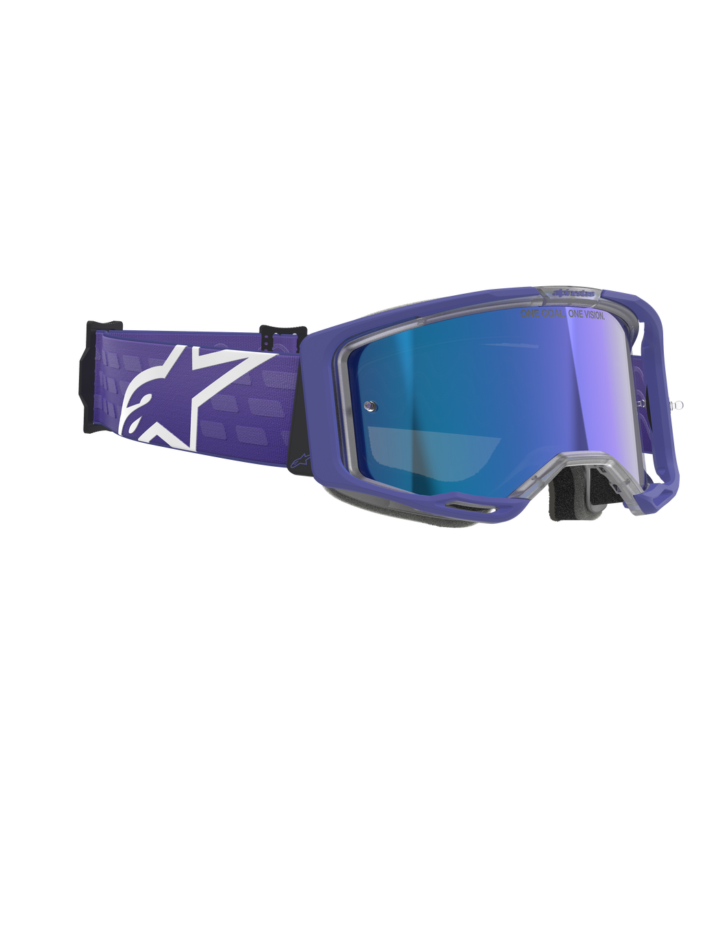 Alpinestars Vision 8 Corp Goggles, motocrossbril, Purple Mirror Blue, met een paars frame en een gespiegelde blauwe anti-condens lens, brede paarse band met opvallend wit Alpinestars-logo, hoogwaardige oogbescherming voor off-road racen