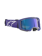 Alpinestars Vision 8 Corp Goggles, motocrossbril, Purple Mirror Blue, met een paars frame en een gespiegelde blauwe anti-condens lens, brede paarse band met opvallend wit Alpinestars-logo, hoogwaardige oogbescherming voor off-road racen