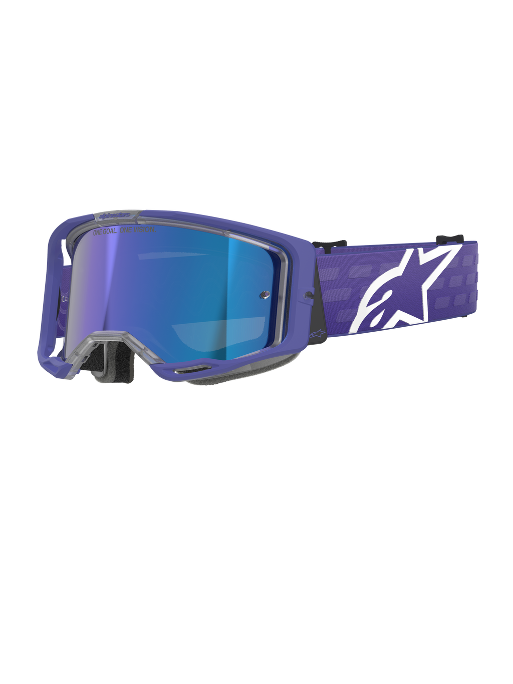 Alpinestars Vision 8 Corp Goggles, motorcrossbril, paars en spiegelend blauw, reflecterende blauwe lens met de tekst 'One Goal. One Vision.', paars frame met brede band en wit Alpinestars-logo, off-road race-oogbescherming