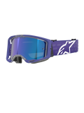 Alpinestars Vision 8 Corp Goggles, motorcrossbril, paars en spiegelend blauw, reflecterende blauwe lens met de tekst 'One Goal. One Vision.', paars frame met brede band en wit Alpinestars-logo, off-road race-oogbescherming