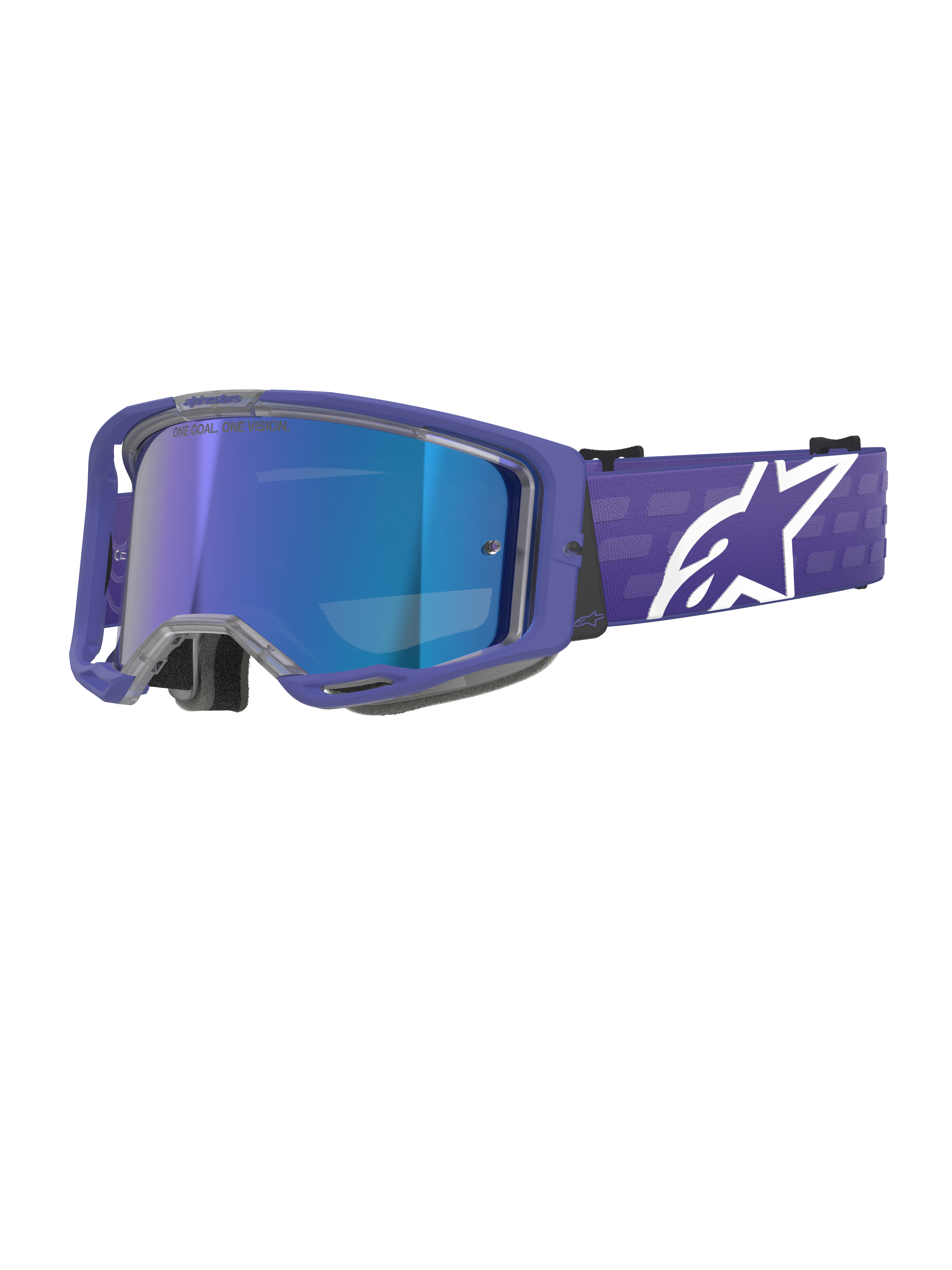 Alpinestars Vision 8 Corp Goggles, motorcrossbril, paars en spiegelend blauw, reflecterende blauwe lens met de tekst 'One Goal. One Vision.', paars frame met brede band en wit Alpinestars-logo, off-road race-oogbescherming