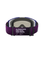 Alpinestars Vision 8 Corp Goggles, back view, purple strap with "ALPINESTARS ONE GOAL. ONE VISION." white text, gray 3D-molded face foam, purple frame, performance motocross goggles